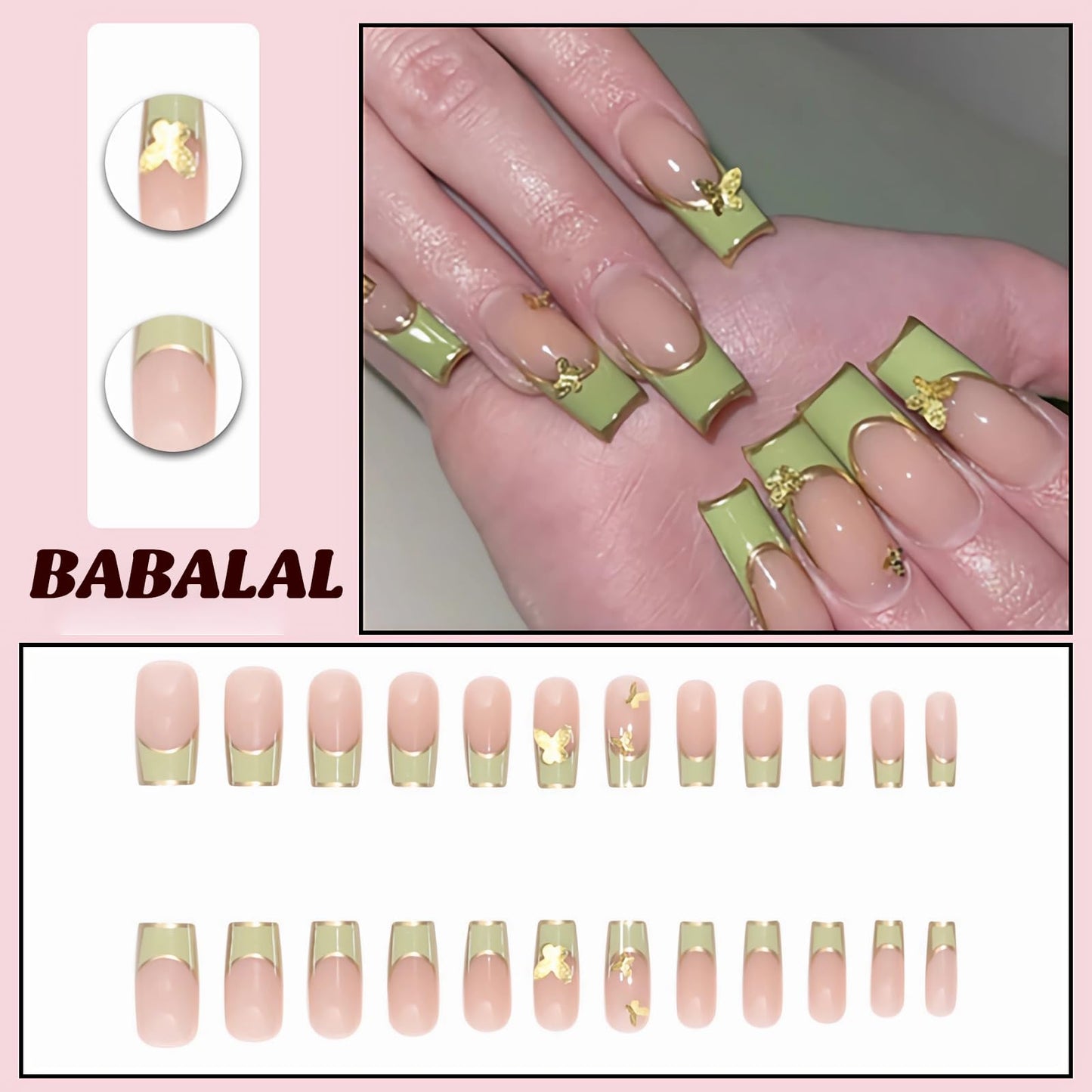 BABALAL French Tip Press on Nails Long Square Fake Nails Green Glue on Nails Golden Chrome Design 3d Butterfly Charm Acrylic Nails 24Pcs Squoval Manicure False Nails