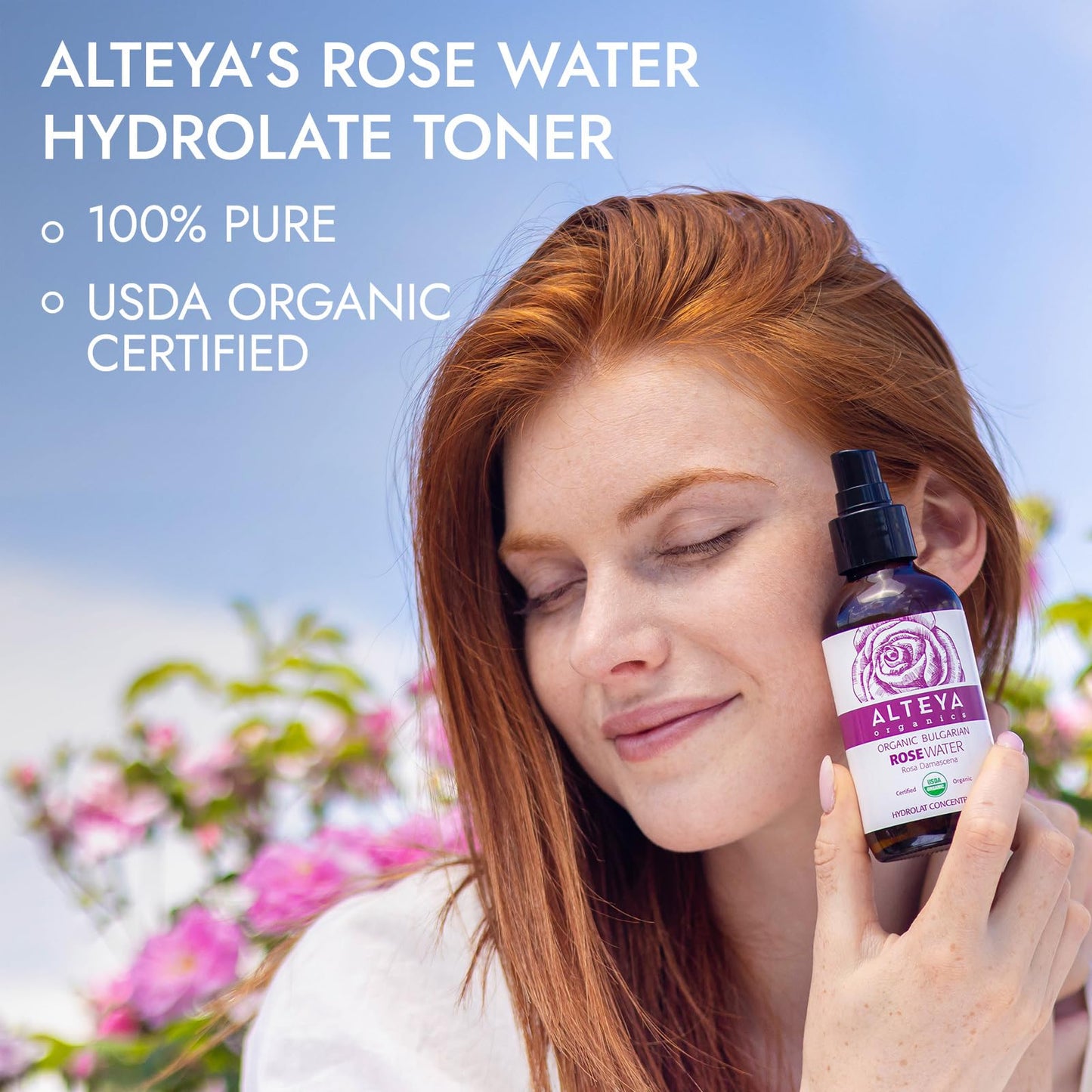 Alteya Organics Rose Water USDA Certified Organic Facial Toner, 4 Fl Oz/120mL Pure Bulgarian Rosa Damascena Flower Water, Award-Winning Moisturizer Amber Glass Spray Bottle