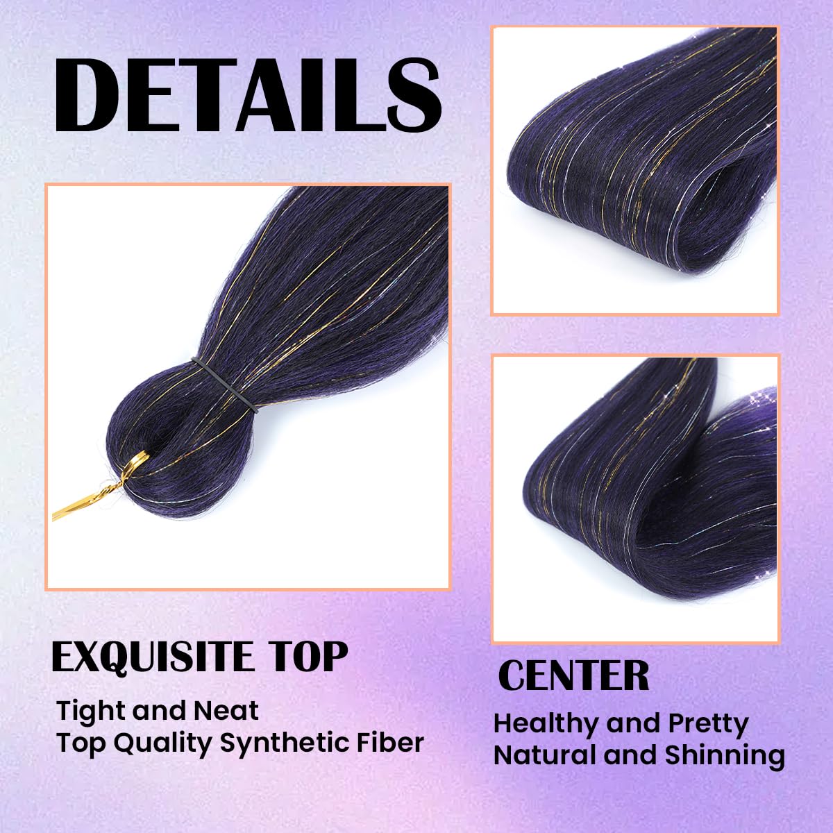 Easy Braid Pre stretched Braiding Hair 28 Inch 3 Packs Jumbo Braiding Hair Synthetic Braiding Hair Extension Twist Braid wigs Hot Water Setting Hair (Purple-Mixed Tinsel)