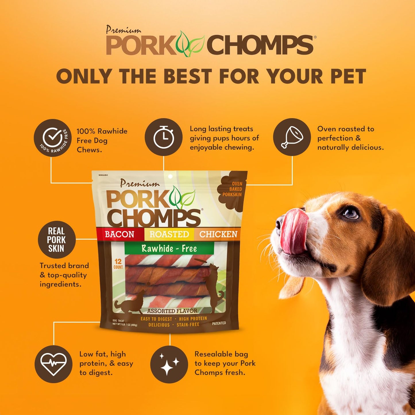 Pork Chomps Baked Pork Skin Dog Chews, 6-inch Twists, Assorted Flavors, 12 Count