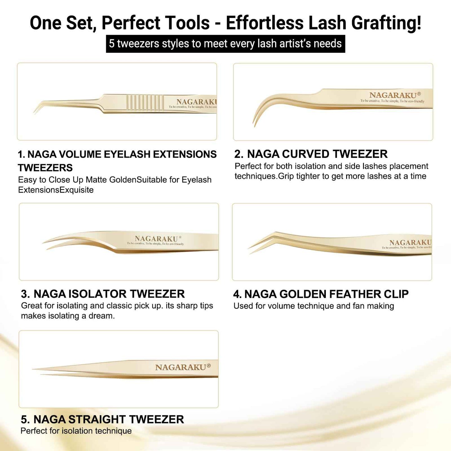 NAGARAKU 5 PCS Tweezers for Eyelash Extensions Straight and Curved Precision Professional Tweezer for Lash Extensions Volume Easy Fanning lash Precise Point with Storage Case Bag
