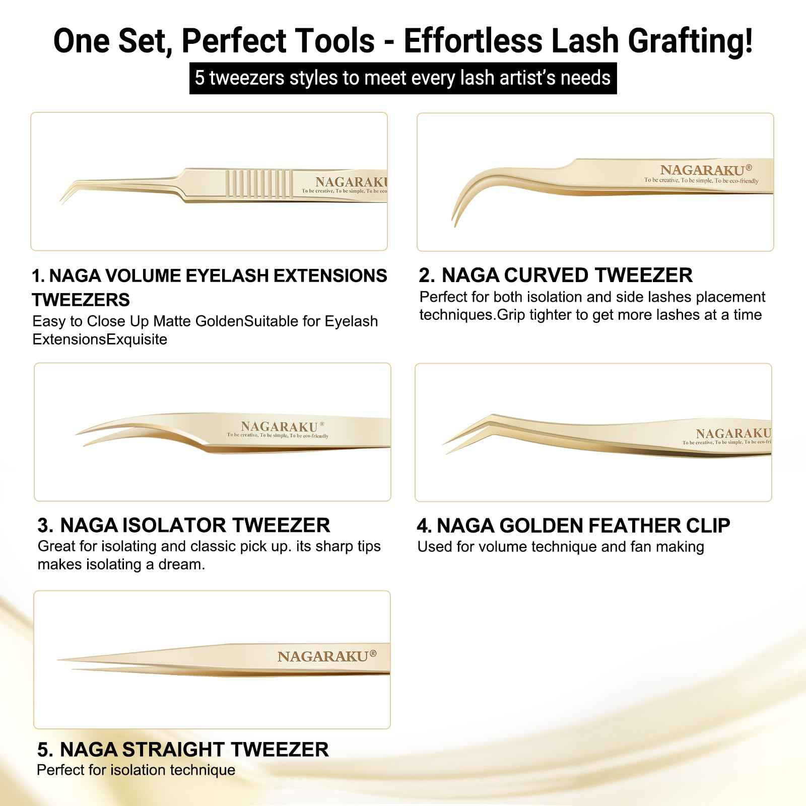 NAGARAKU 5 PCS Tweezers for Eyelash Extensions Straight and Curved Precision Professional Tweezer for Lash Extensions Volume Easy Fanning lash Precise Point with Storage Case Bag