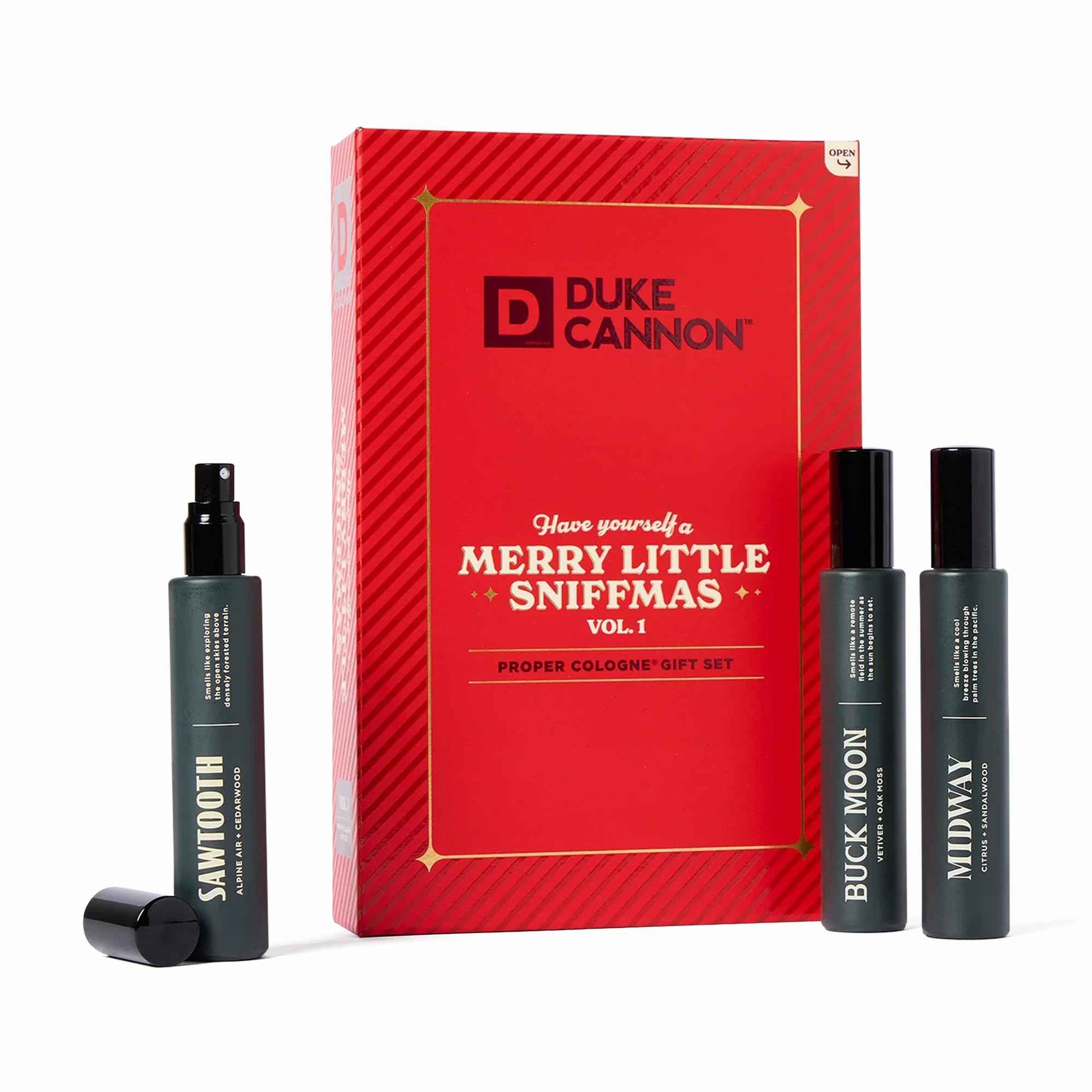 Duke Cannon Merry Little Sniffmas Giftset - travel-sized trio of Duke Cannon Proper Cologne® - Holiday Cologne Gift Set - eau de parfum - Sawtooth, Buck Moon, Midway