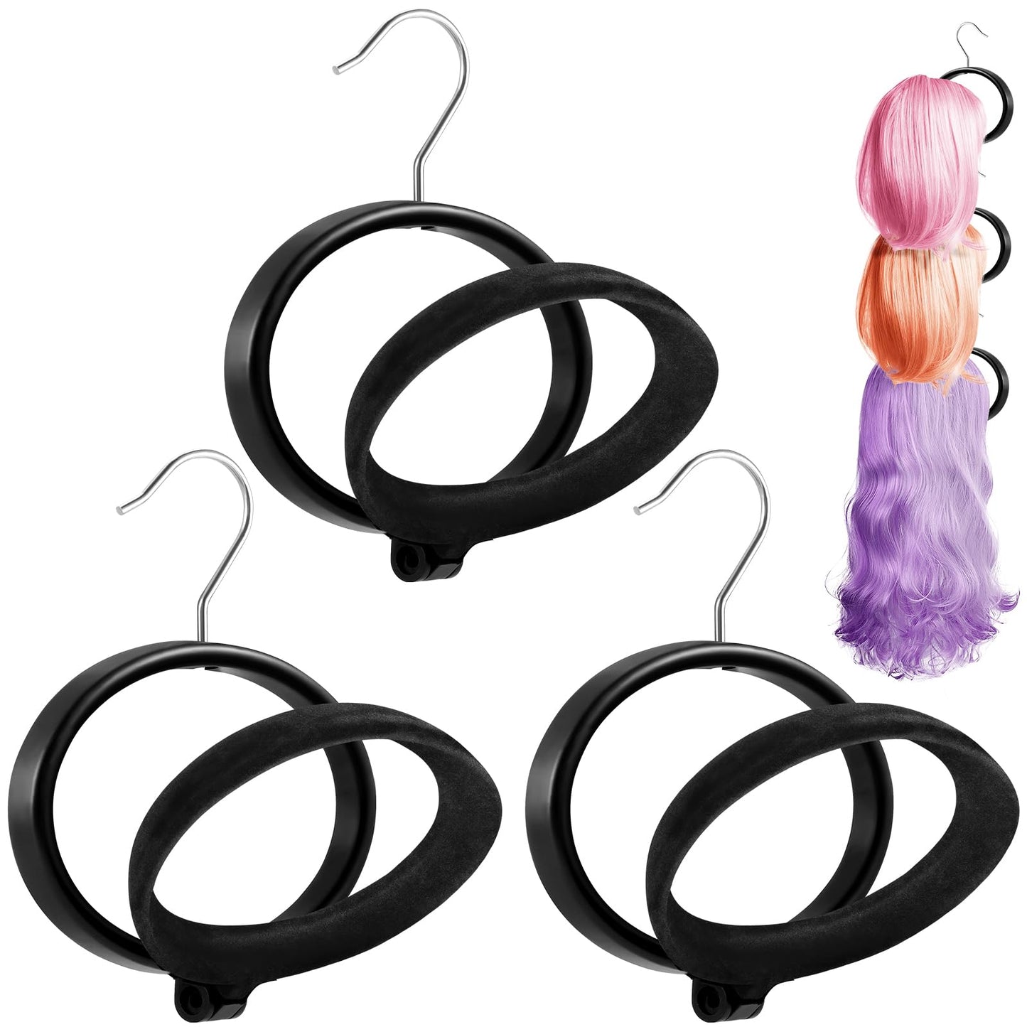 KAQUBE Wig Stands, 3 Pack Velvet Wig Hangers, Foldabe Wig Holders for Hanging Multiple Wigs, Portable for Travel, for Wig Display, Wig Storage, Wig Styling, Keep Wigs in Shape, Hair Replacement Holder