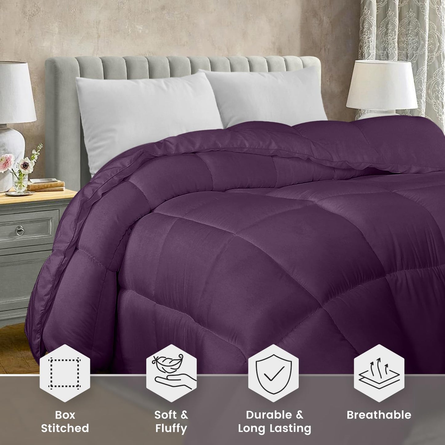 Utopia Bedding Comforter Duvet Insert, Quilted Comforter with Corner Tabs, Box Stitched Down Alternative Comforter King (Plum)