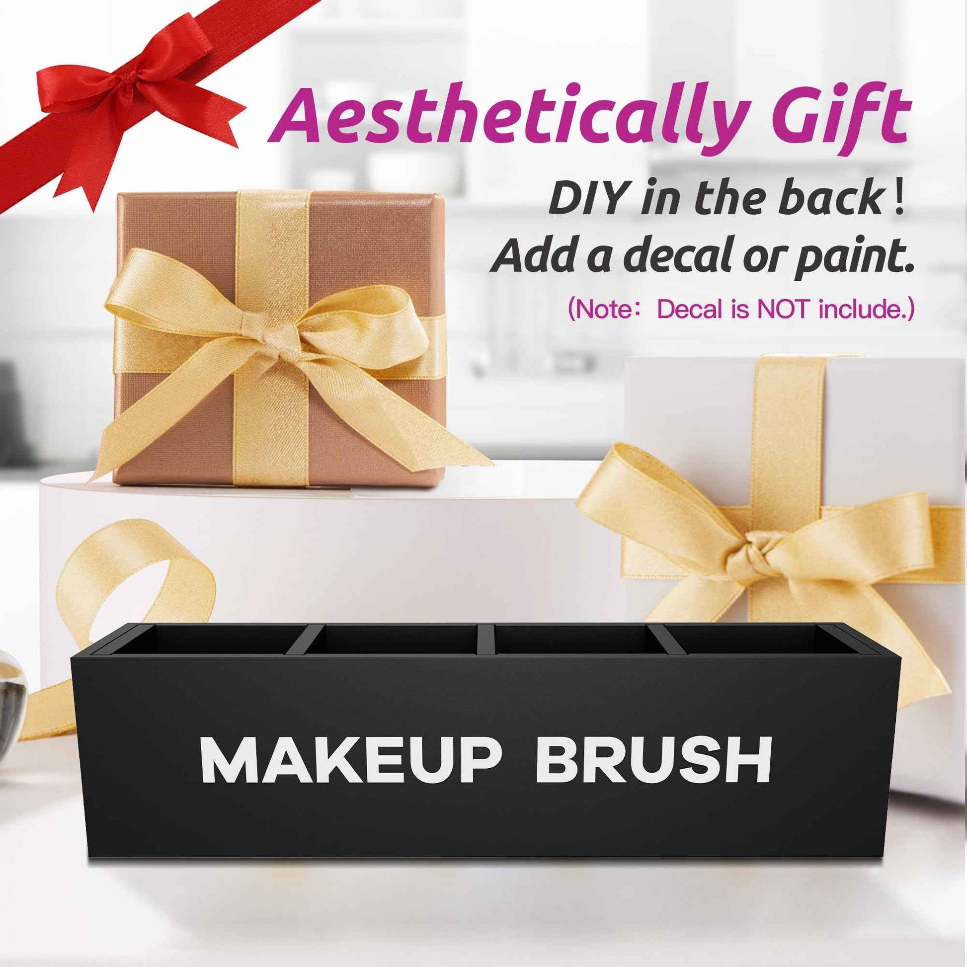 Suli Large Makeup Brush Holder Organizer, Wooden Cosmetic Brushes Storage with 4 Slots, Eyeliners Display Case for Vanity Desktop Bathroom Countertop -Black