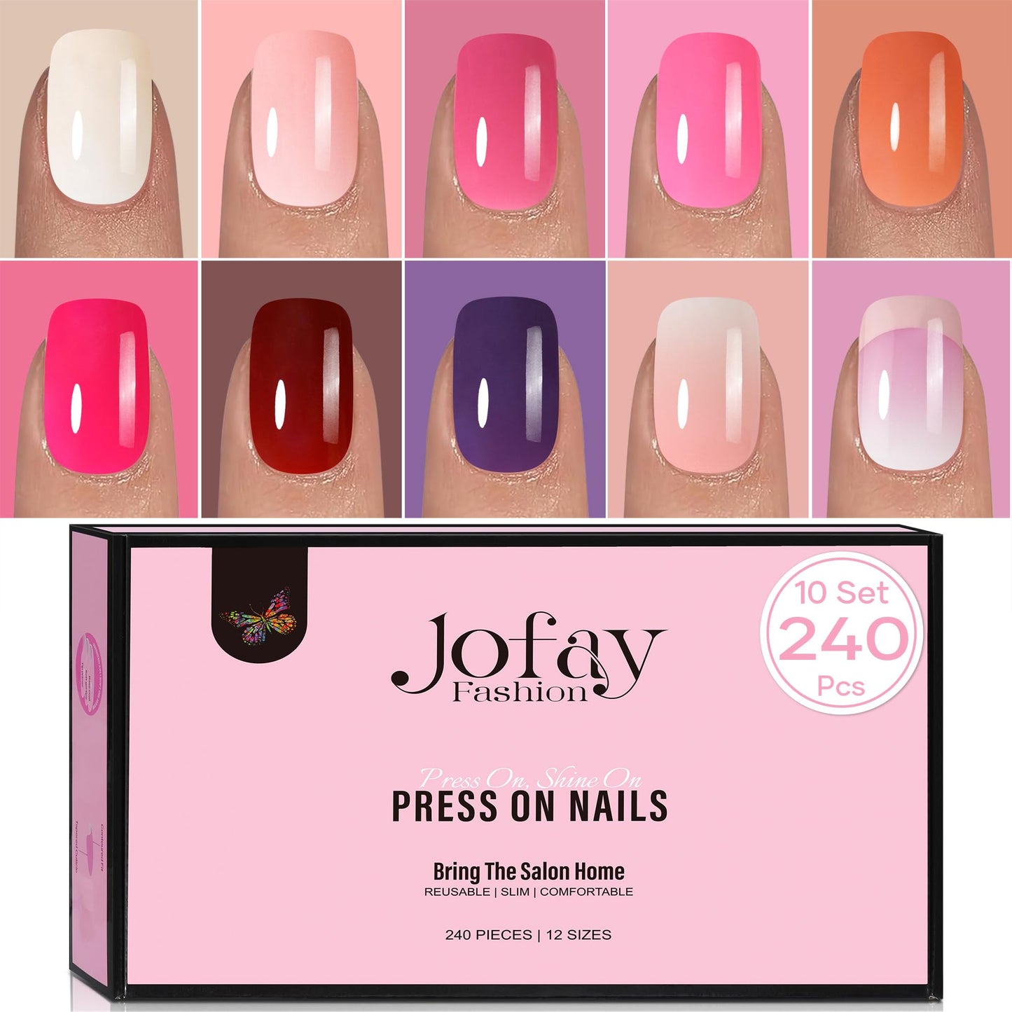 10 Packsï¼?40 Pcs) Press On Nails Short - Jofay Fashion Acrylic Soild Press On Nails Square Glue On Nails with Nail Glue, Fit Perfectly & Natural Stick On Nails Set (Classic Short Nails 1)