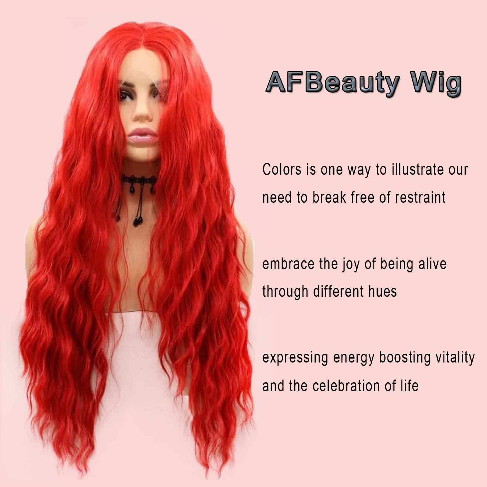 AFBeauty Bright Red Synthetic Lace Front Wig for Women Pastel Red Lace Front Wigs Pre Plucked Hairline Long Loose Wavy Curly Synthetic Lace Front Wig Glueless Heat Resistant 26 Inch Daily Cosplay