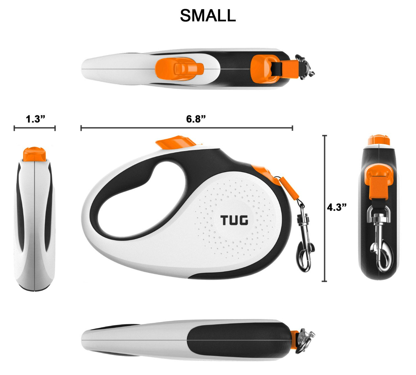 TUG 360° Tangle-Free Retractable Dog Leash with Anti-Slip Handle | 16 ft Strong Nylon Tape | One-Handed Brake, Pause, Lock (Small, White/Orange)