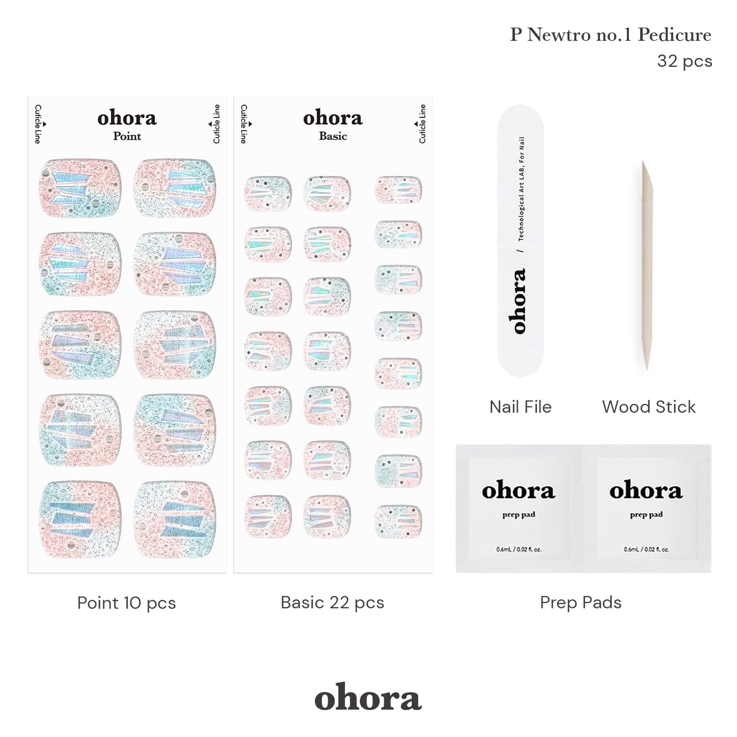 ohora Semi Cured Gel Nail Strips (P Diamant) - Nude, Glitter, Works with Any UV/LED Nail Lamps, Salon-Quality, Long Lasting, Easy to Apply & Remove - Includes 2 Prep Pads, Nail File & Wooden Stick