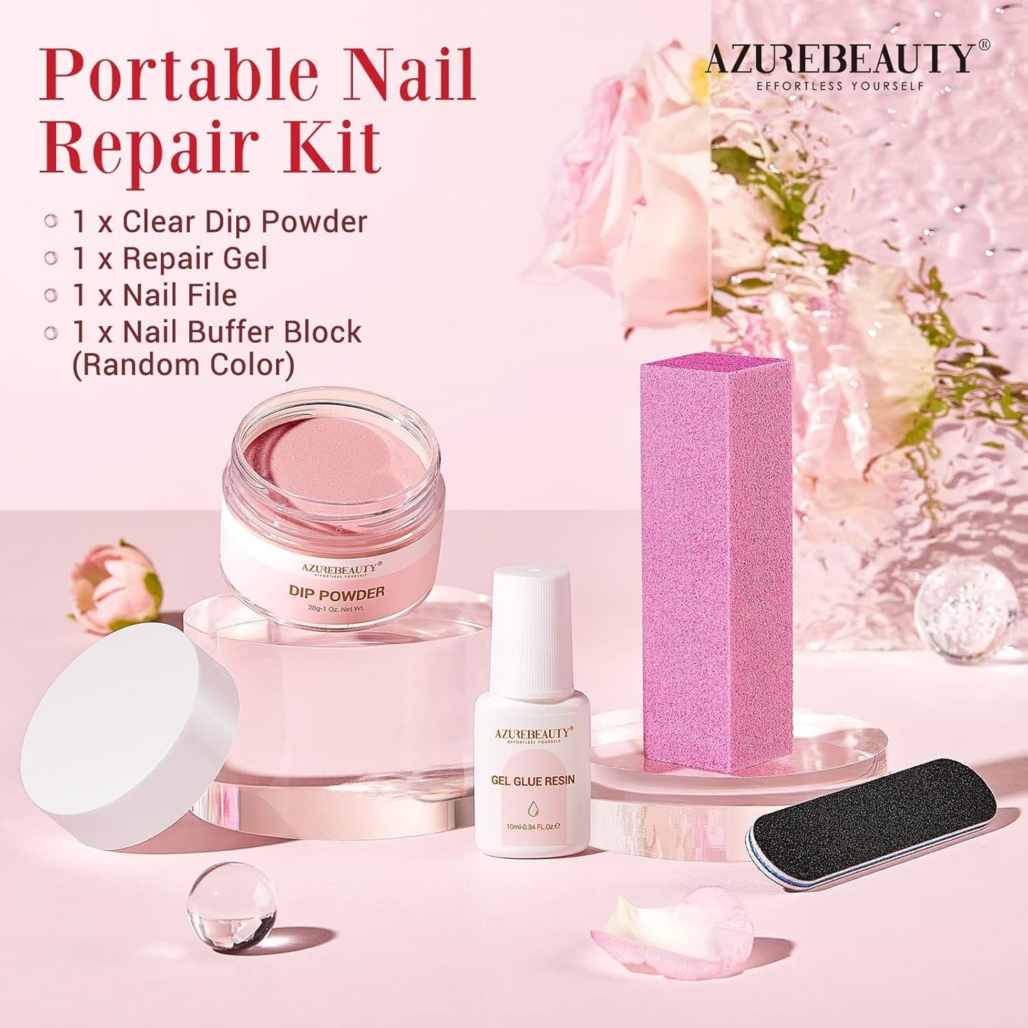 AZUREBEAUTY Nail Repair Kit for Broken Cracked Split Weak Nails, Emergency Easy Quick Fix Crystal Jelly Pink Transparent Dip Powder 28g /1 Oz Quick-Drying Repair Glue 10ml with Nail File & Nail Buffer