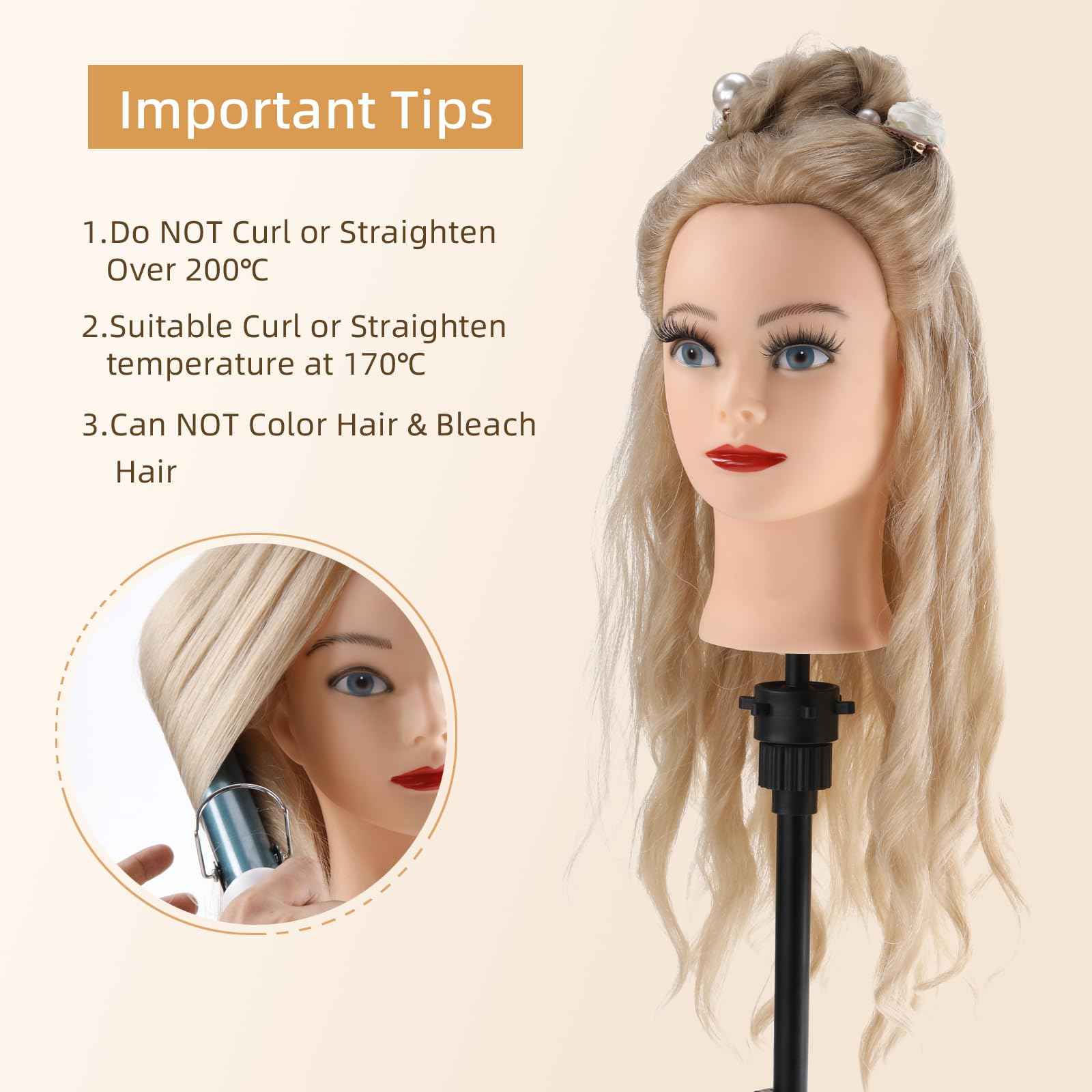 Mannequin Head Human Hair, 24”Mannequin Head with 70% Real Hair Mannequin Cosmetology Manikin Practice Doll Head for hair styling Braiding Hairdressing Head with Table Clamp + DIY Hair Styling Set