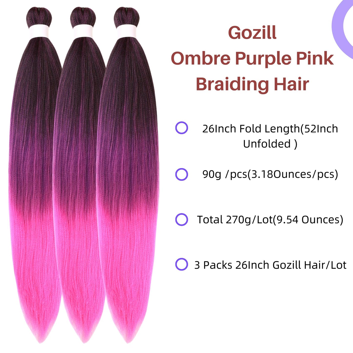 Ombre Purple Braiding Hair Pre Stretched Kanekalon Box Braiding Hair 26 Inch (Pack of 3)