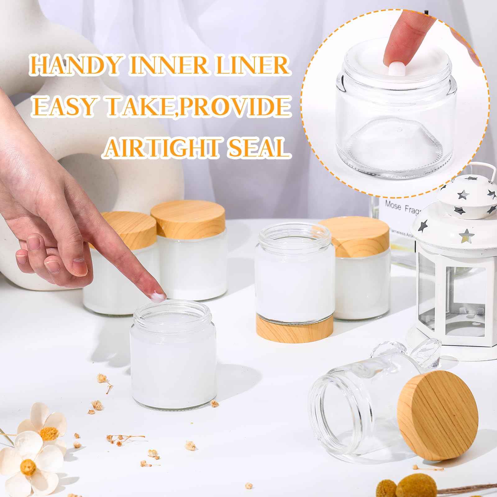 Norme 12 Pcs 4 oz Glass Jars with Lids Empty Small Glass Containers and Inner Liners Reusable Cosmetic Jars Round Airtight Bottles with Plastic Woodgrain Lids for Travel