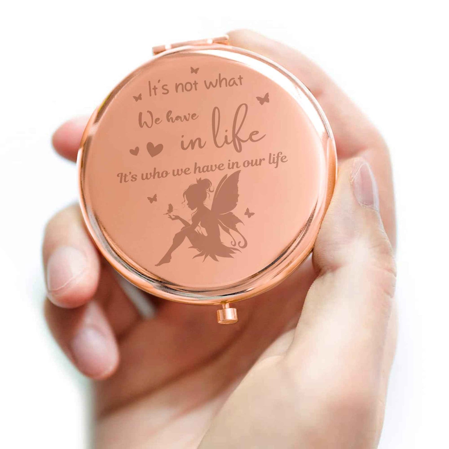 Fairy Gifts for Women, Fairy Tale Pixie Compact Mirror, Fairy Fan Gift for Women, Pixie Rose Gold Compact Mirror Gifts for Birthday, It's Not What We Have in Life It’s Who We Have in Our Life