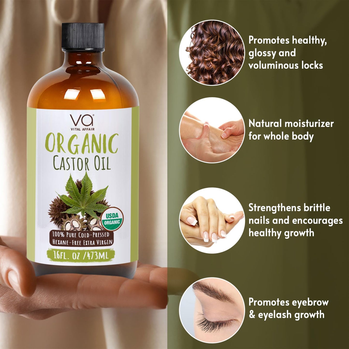 VITAL AFFAIR Castor Oil Organic Cold Pressed Unrefined Glass Bottle- USDA Certified Organic Castor Oil For Castor Oil Pack Wrap-Castor Oil For Skin, Hair Growth, Eyelashes, Eyebrows & Nails-16 fl oz