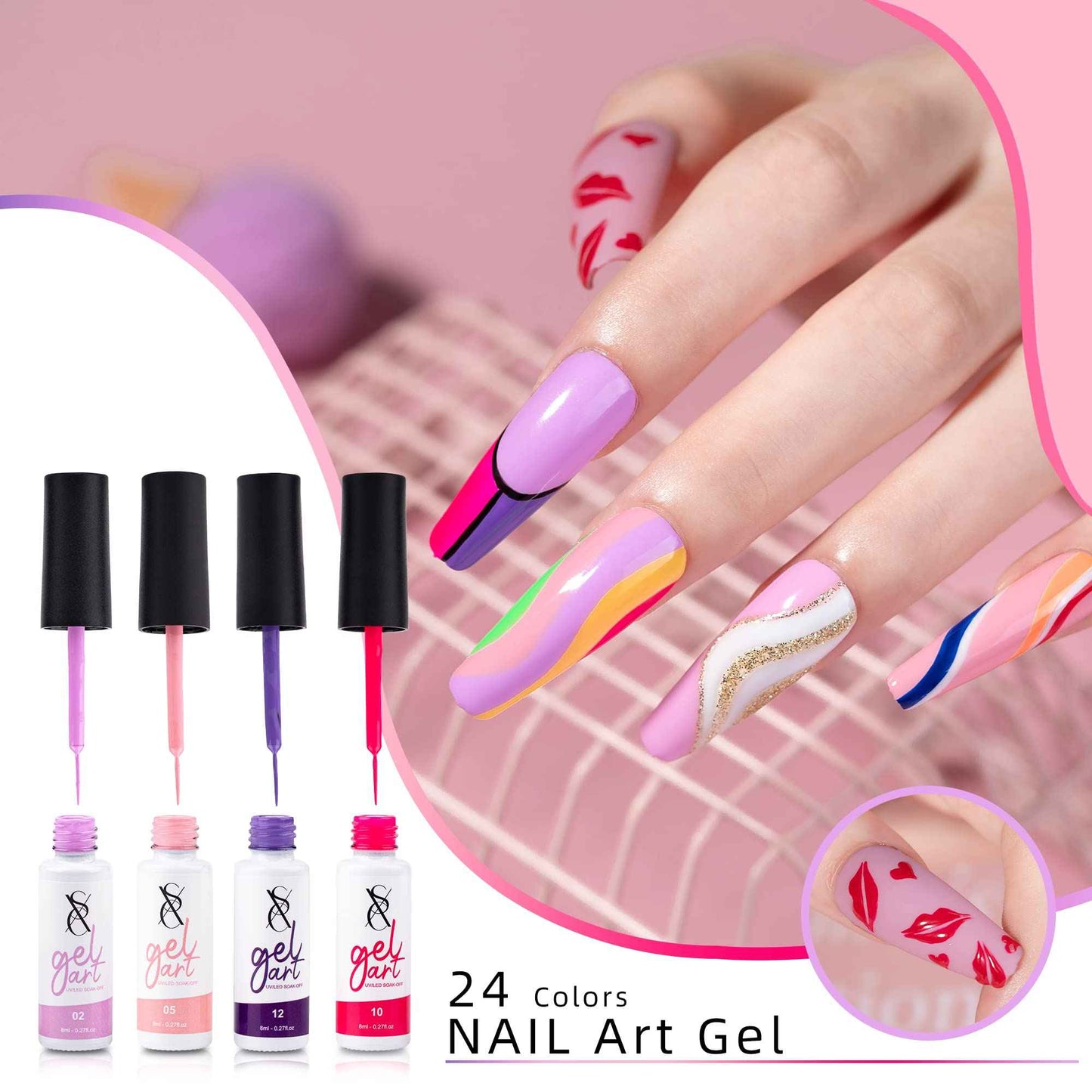 SXC Cosmetics 24-Color Gel Liner Set for Nail Art - With Built-in Thin Brush for Swirl Nail Designs and Soak-Off Gel Polish