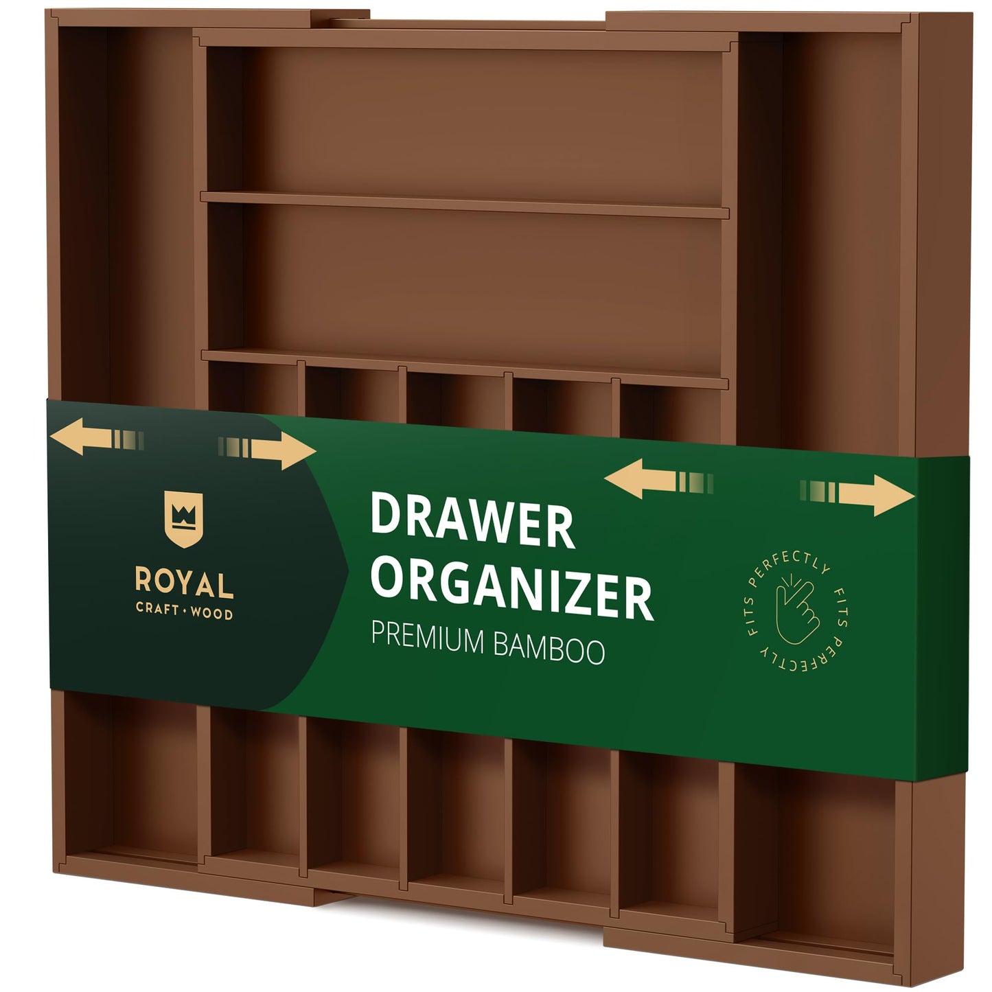 ROYAL CRAFT WOOD Luxury Bamboo Kitchen Drawer Organizer - Silverware Organizer - Utensil Holder and Cutlery Tray with Grooved Drawer Dividers for Flatware and Kitchen Utensils (9 Slot, Brown)