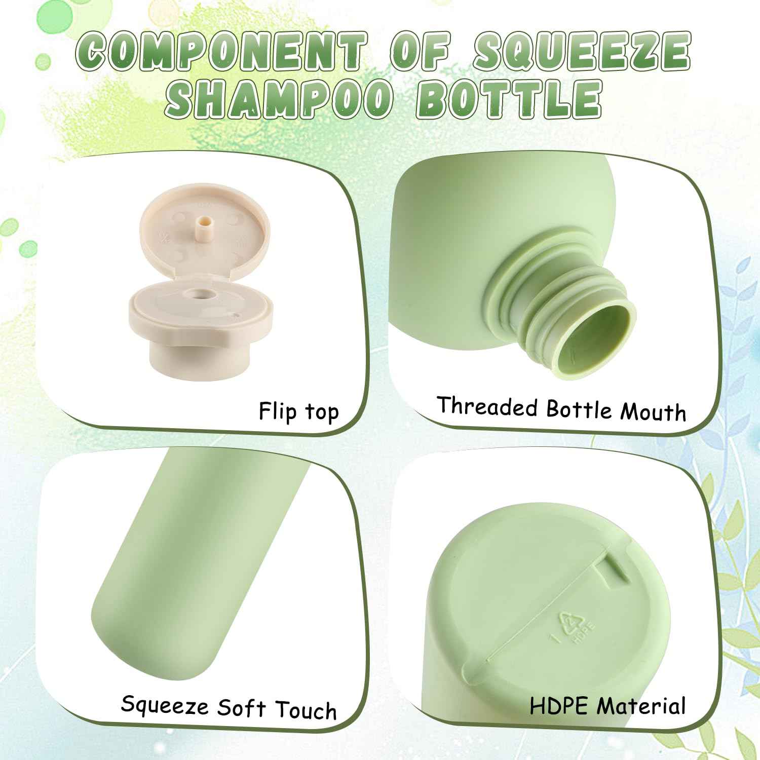 USRommaner 8.8 oz/260ml Plastic Travel Shampoo Bottle,9 Pack Green Empty Refillable Squeeze Bottles with Flip Cap,Lotion Container for Cream,Toiletries,Conditioner-Free Silicone Funnel