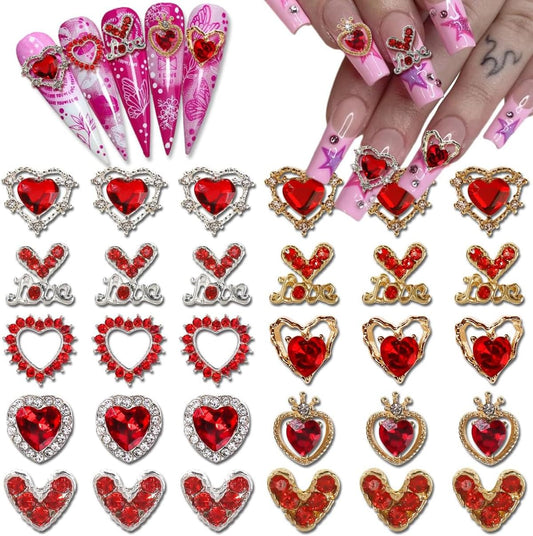 30 Pcs Valentine’s Day Nail Charms 3D Alloy Nail Art Charms 3D New Heart Love Shape Red Valentine's Day Gems Design for Manicure Craft DIY Diamond Nail Rhinestone Manicure Accessories