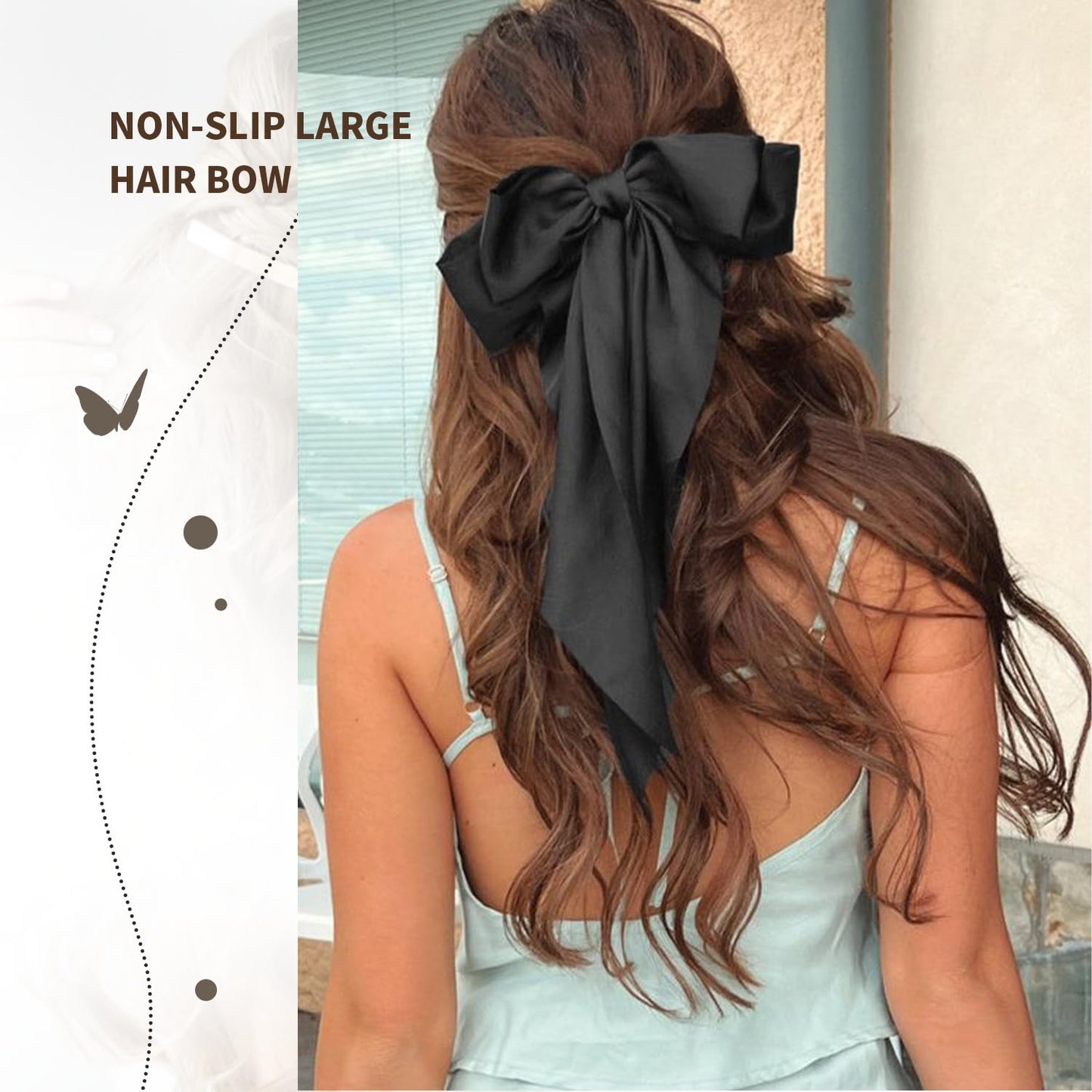 4 Pcs Silky Satin Big Hair Bows Ribbon Hair Barrettes Clip Large Bow Hair Slides Metal Clips French Barrette Long Tail Hair Accessories Soft Hairpin for Women (Black,White,Khaki,Brown)