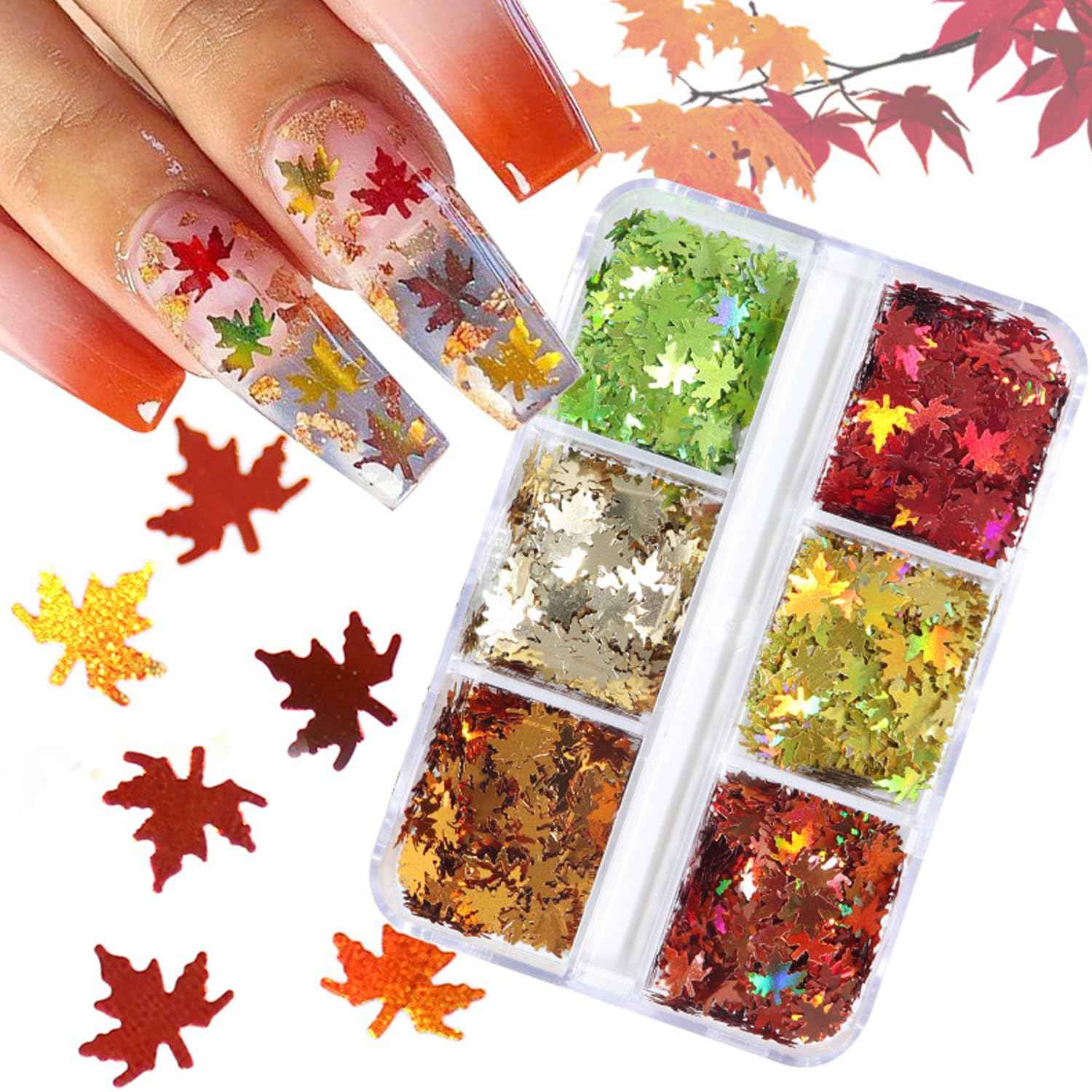 Maple Leave Nail Art Glitter Holographic Leaf Nail Sequin Autumn Nail Flakes Fall Nail Decoration Thanksgiving Nail Accessories Supplies for Women Girls