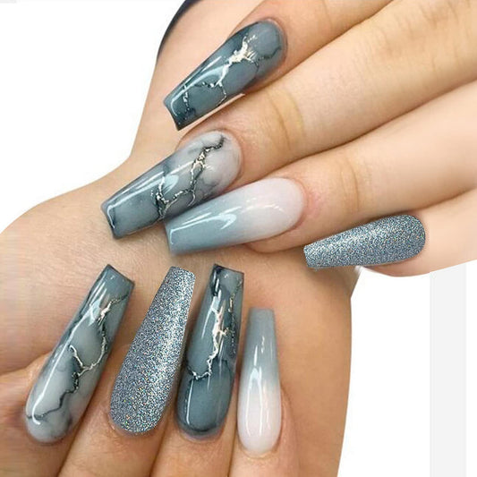 Press On Nails Coffin Long Fake Nails Acrylic Gradient False Nails Marble with Glitter Design Glue on Nails Full Cover Stick On Nails for Women and Girls (24 PCS)