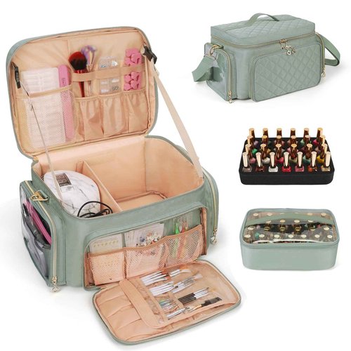 Bagmoly Nail Polish Organizer, Nail Polish Storage Holds 50-70 Bottles & Nail Lamp, Portable Travel Nail Kit Storage Carrying Case Fits Nail Suppiles, Gift for Manicurist, Grils (Green)