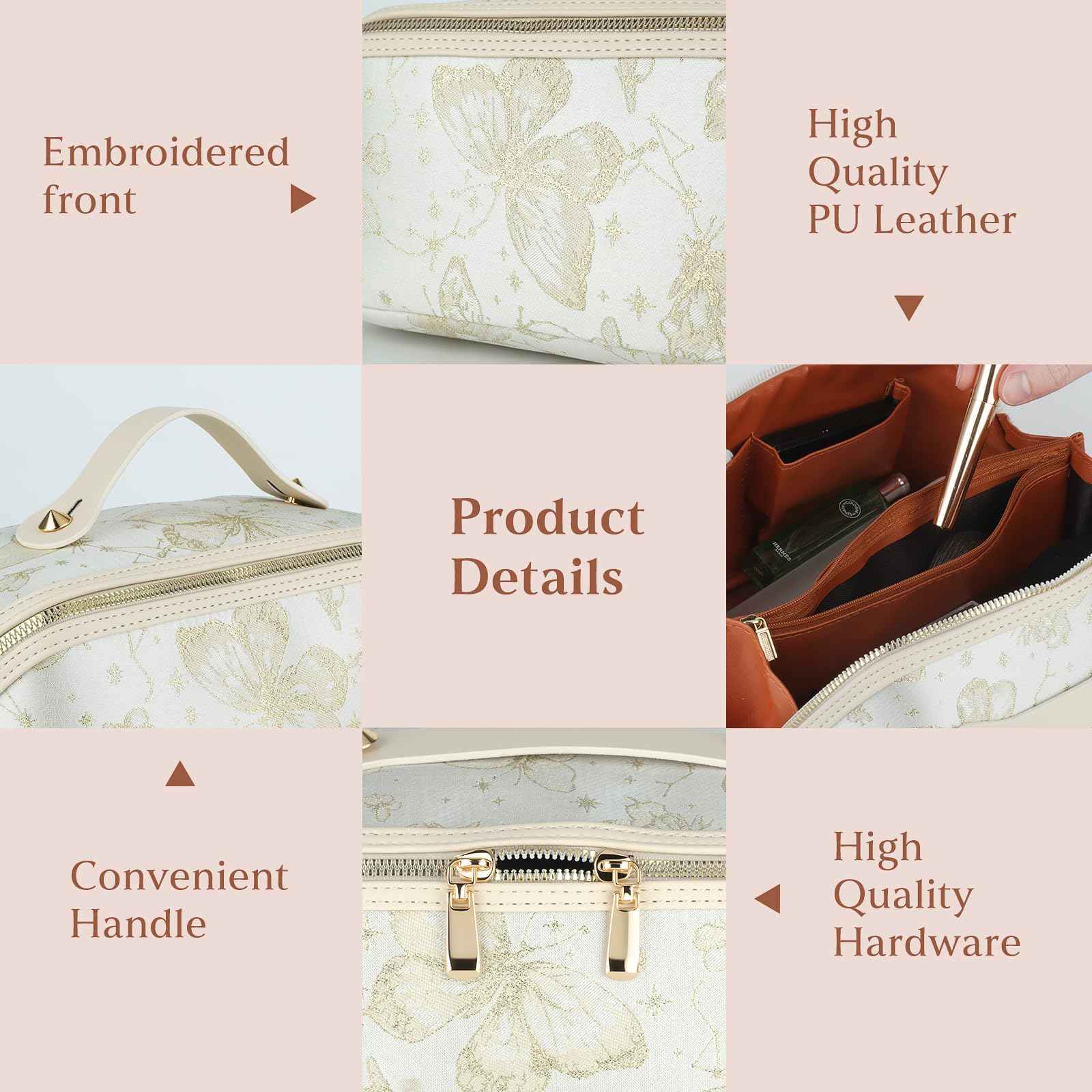 KEYPOWER Large Capacity Cosmetic Bag with Butterfly Pattern Travel Makeup Bag Portable Toiletry Bag with Handle for Women (White)