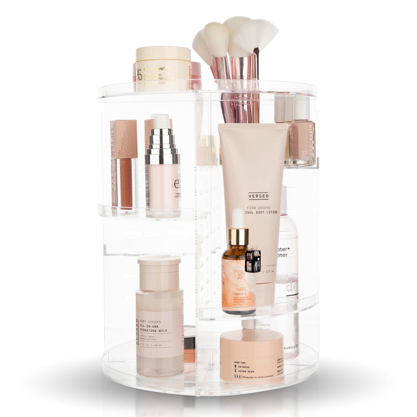 Masirs, Rotating Makeup Organizer - Adjustable Shelf Height and Fully Rotatable, The Perfect Round Spinning Cosmetic Organizer for Bedroom Dresser or Vanity Countertop Storage. (Clear)