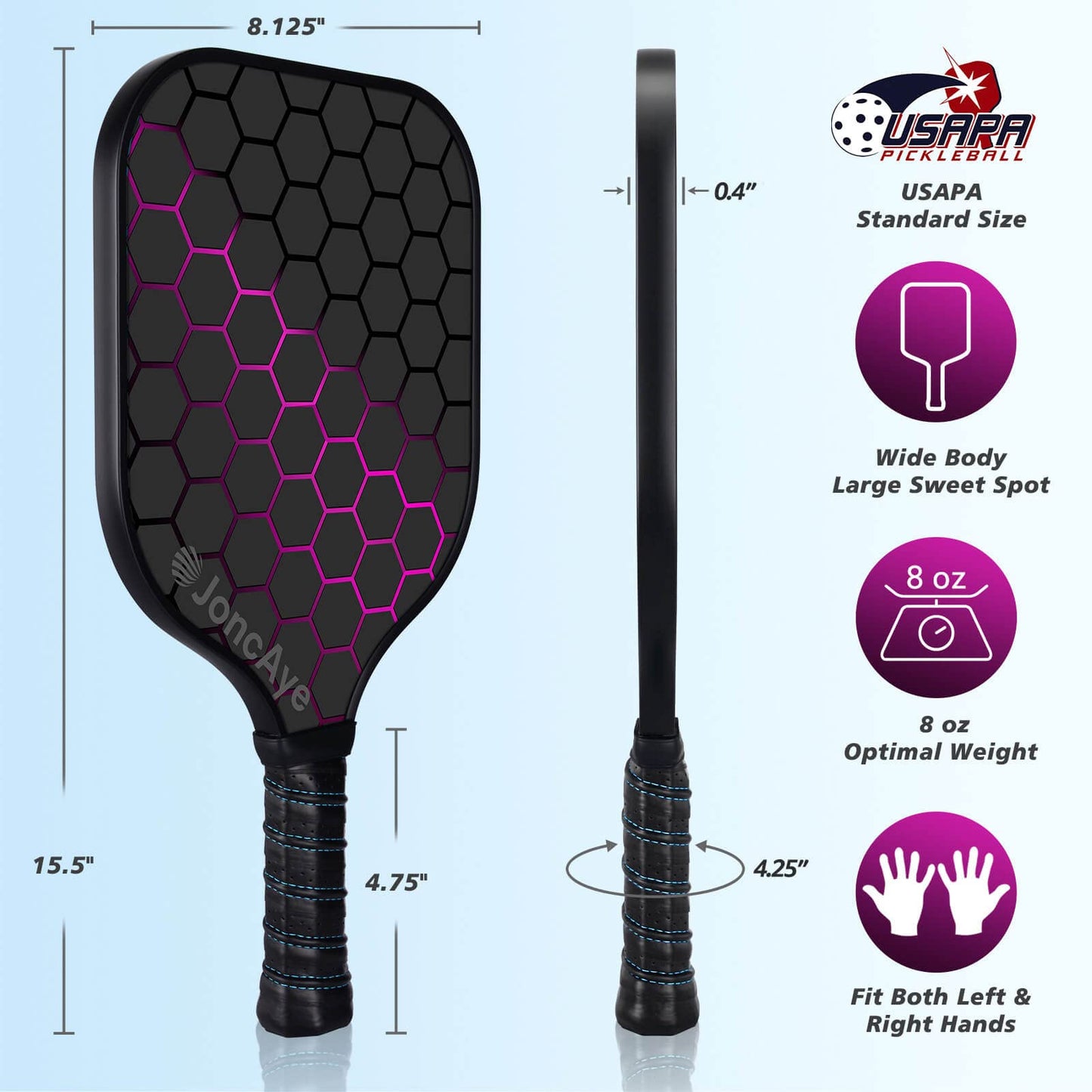 JoncAye Pickle-Ball-Paddle Set of 2 with Balls, Paddle Bag | USAPA Approved Pickleball-Rackets 2 Pack for Kids, Adults | Fiberglass Pickleball Racquets Pink Blue for Women Men | Pickleball Kit