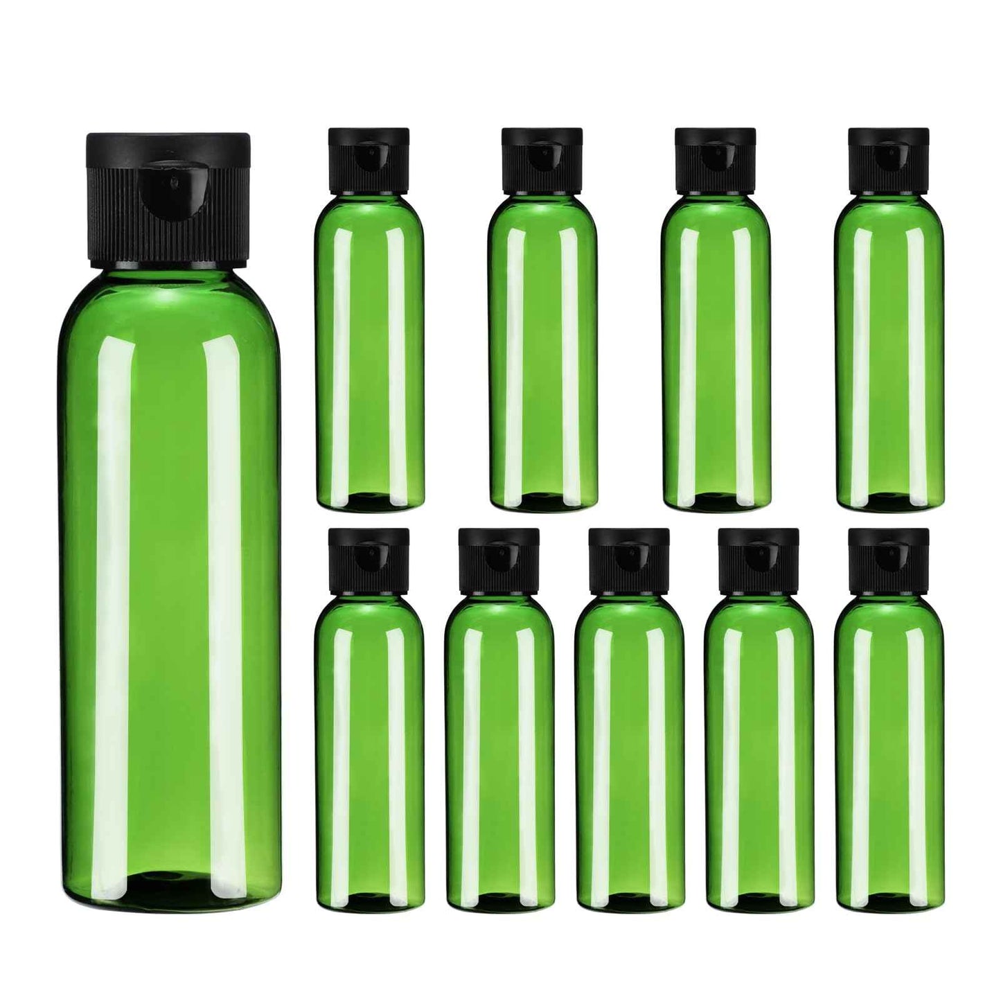 uxcell 2 Oz Plastic Bottles with Flip Caps, 10 Pcs Reusable Travel Size Containers with Lids Plastic Squeeze Refillable Dispensing Bottles for Shampoo, Body Soap, Toner(Green Black)