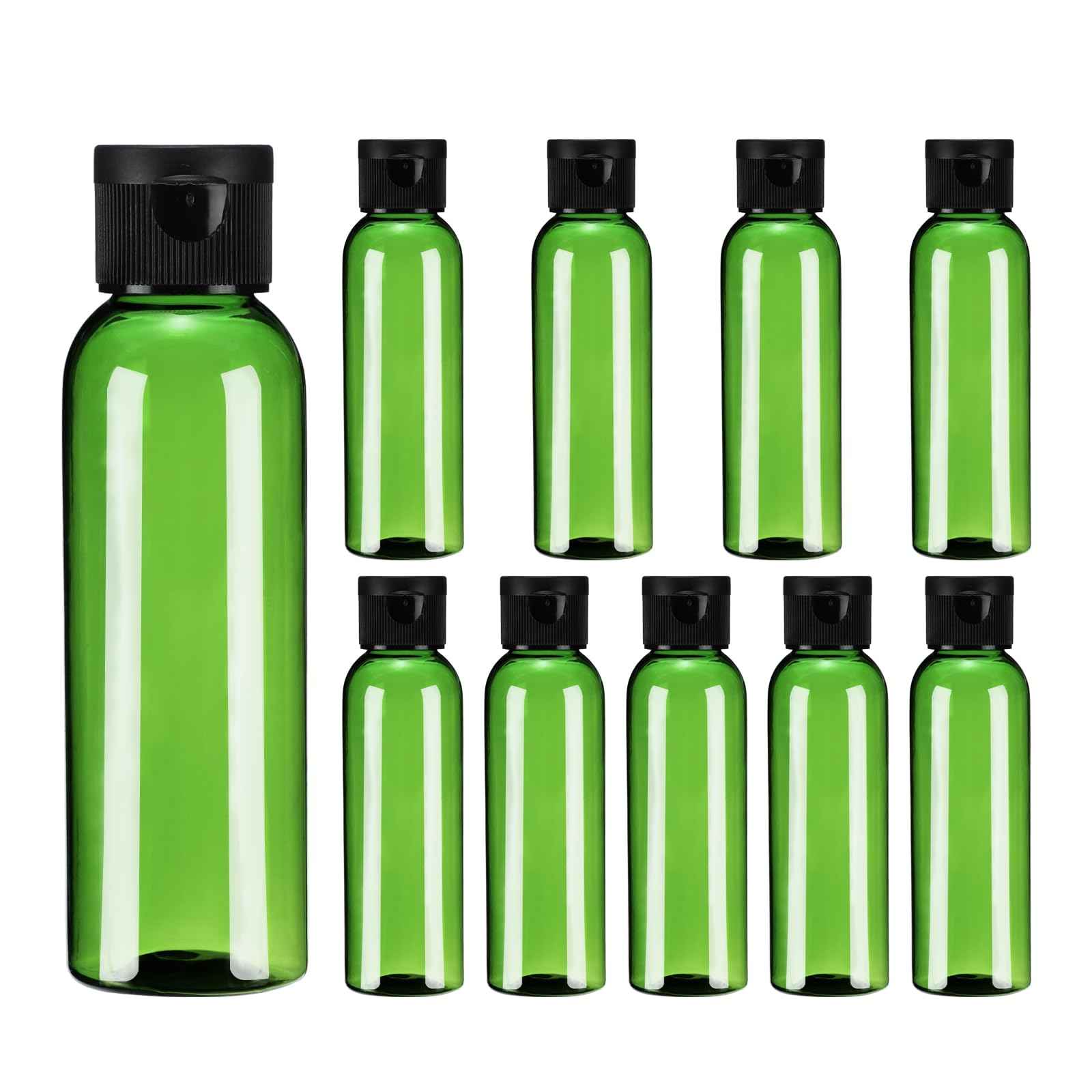 uxcell 2 Oz Plastic Bottles with Flip Caps, 10 Pcs Reusable Travel Size Containers with Lids Plastic Squeeze Refillable Dispensing Bottles for Shampoo, Body Soap, Toner(Green Black)