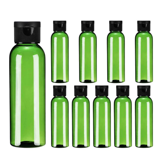 uxcell 2 Oz Plastic Bottles with Flip Caps, 10 Pcs Reusable Travel Size Containers with Lids Plastic Squeeze Refillable Dispensing Bottles for Shampoo, Body Soap, Toner(Green Black)