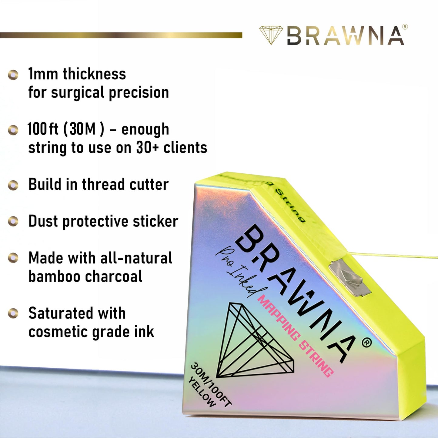 BRAWNA 2 Pack [ 30 Meters Each ] Pro Inked PMU Mapping String for Brow and Lip Measuring - Color - Yellow White