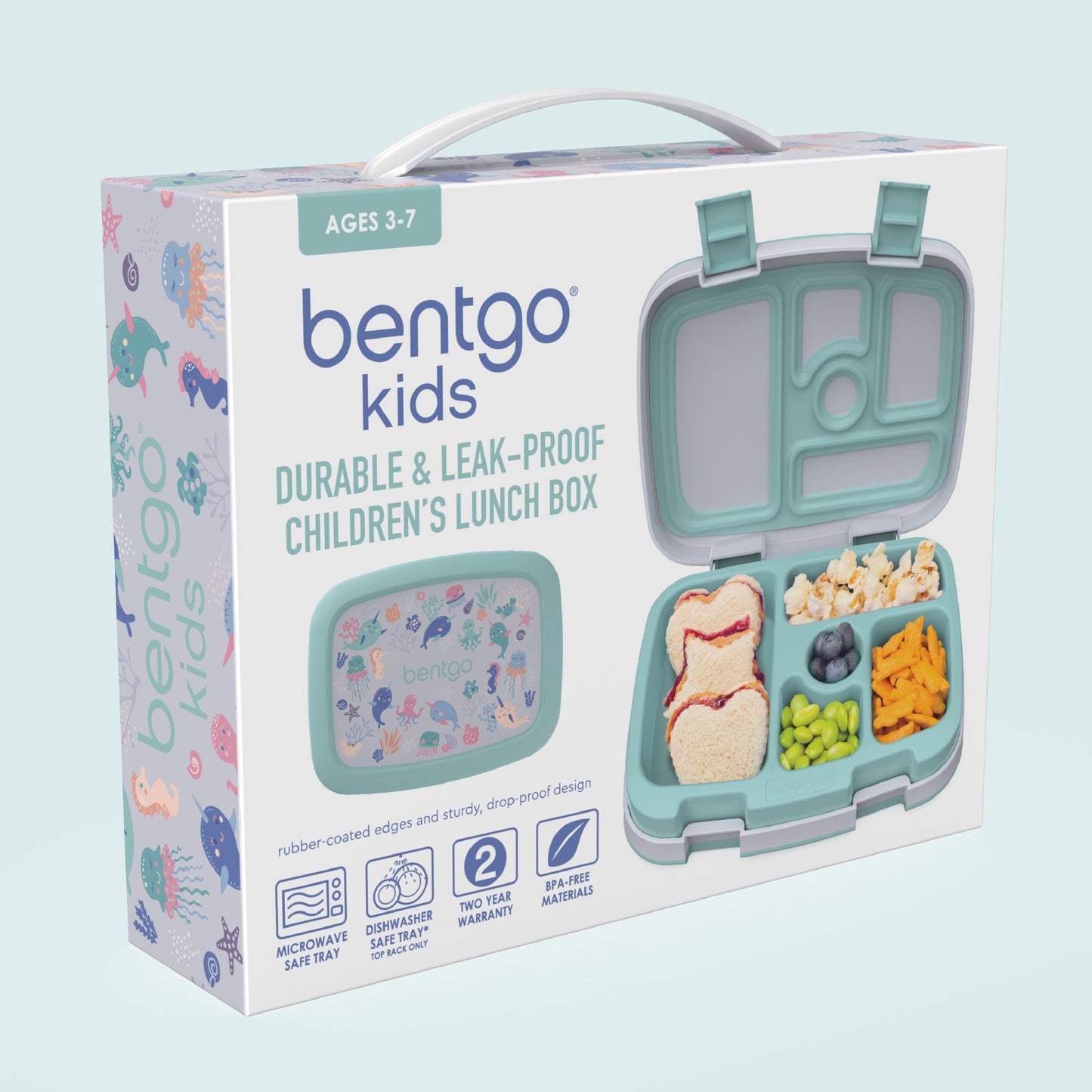 Bentgo Kids Prints Leak-Proof, 5-Compartment Bento-Style Kids Lunch Box - Ideal Portion Sizes for Ages 3-7, Durable, Drop-Proof, Dishwasher Safe, & Made with BPA-Free Materials (Sea Life)