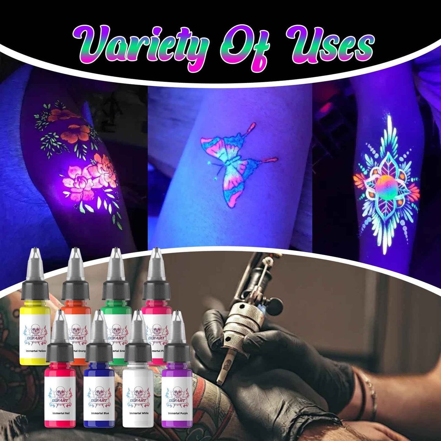 8 Colors UV Tattoo Ink Set,15ml Professional Fluorescent Ink Glow in The Dark Tattoo Ink Blacklight Ink,0.5oz/Bottle Neon Tattoo Ink Invisible
