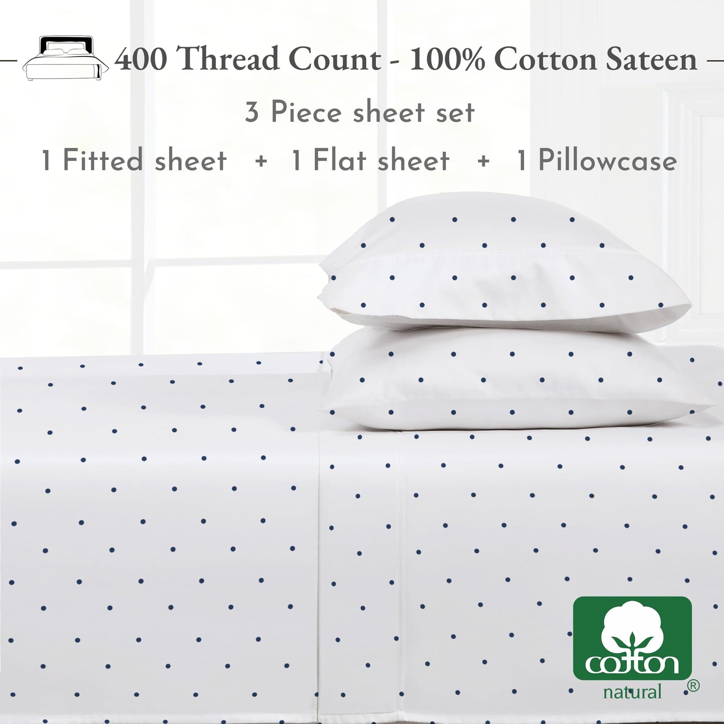 California Design Den Polka Dot Sheets Softest 100% Cotton Sheets for Twin Size Bed, Luxury 400 Thread Count Sateen, Printed Pattern (Polka Dot)