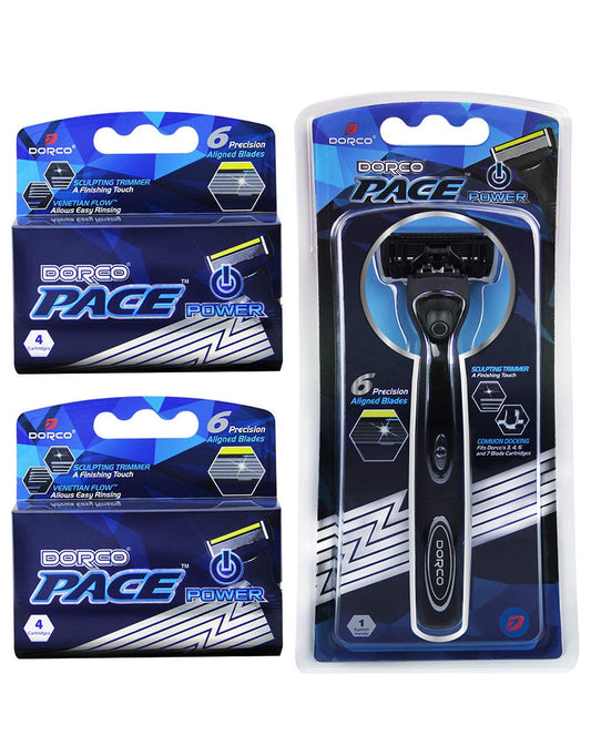 Dorco Pace 6 Plus Power - Six Blade Power Razor System with Trimmer (9 Cartridges + 1 Handle)