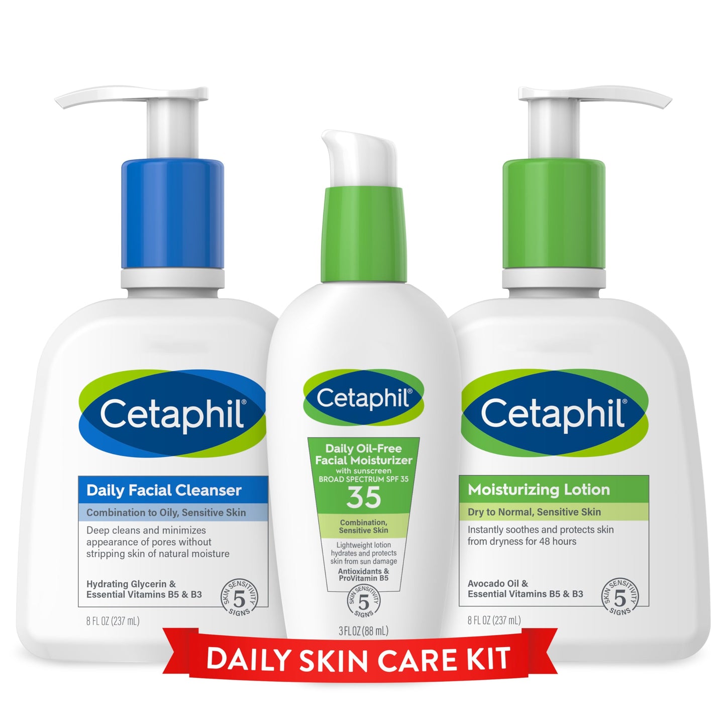 Cetaphil Daily Skin Care Kit, Daily Facial Cleanser 8 oz, Moisturizing Lotion 8 oz and Daily Facial SPF 35 Moisturizer 3oz