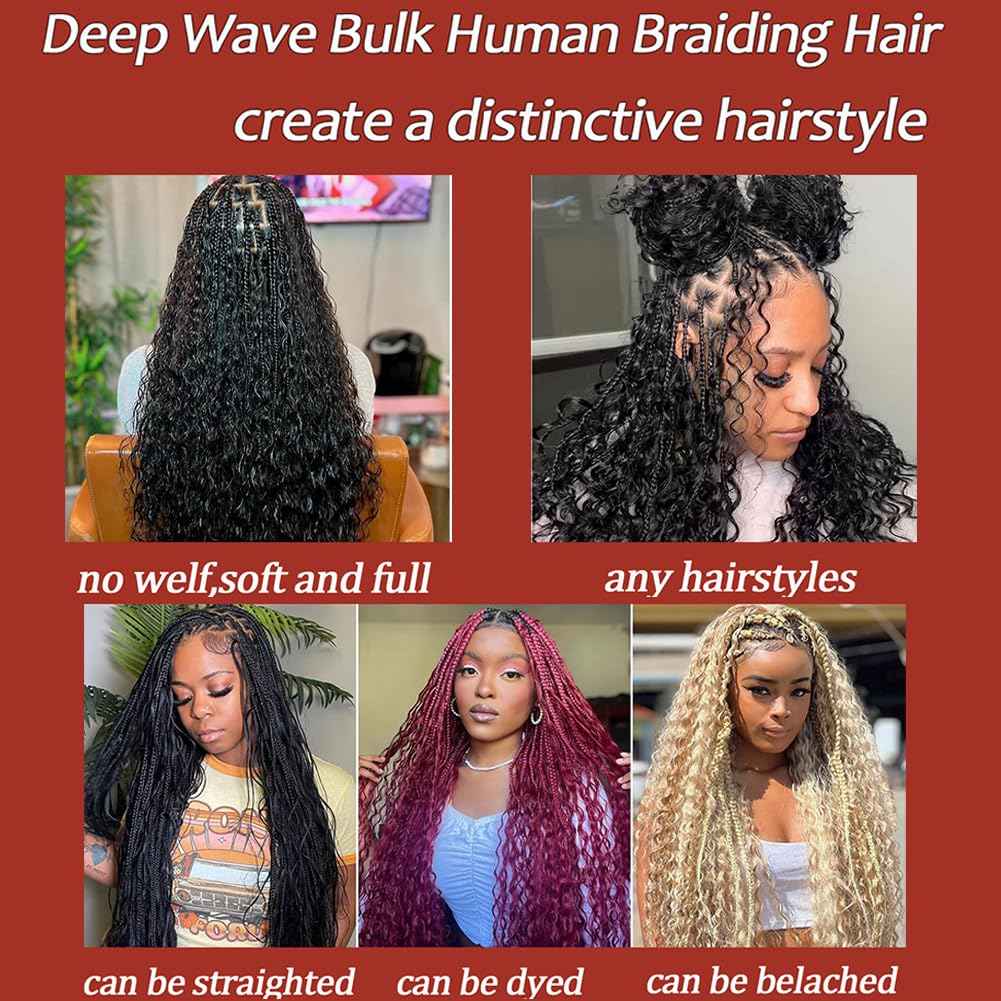 Human Braiding Hair 50g Deep Curly Wave Bulk Human Hair for Braiding No Weft Bundle Brazilian Virgin Curly Human Hair Extensions for Boho Braids Wet and Wavy Human Hair Braiding Hair Natural Color