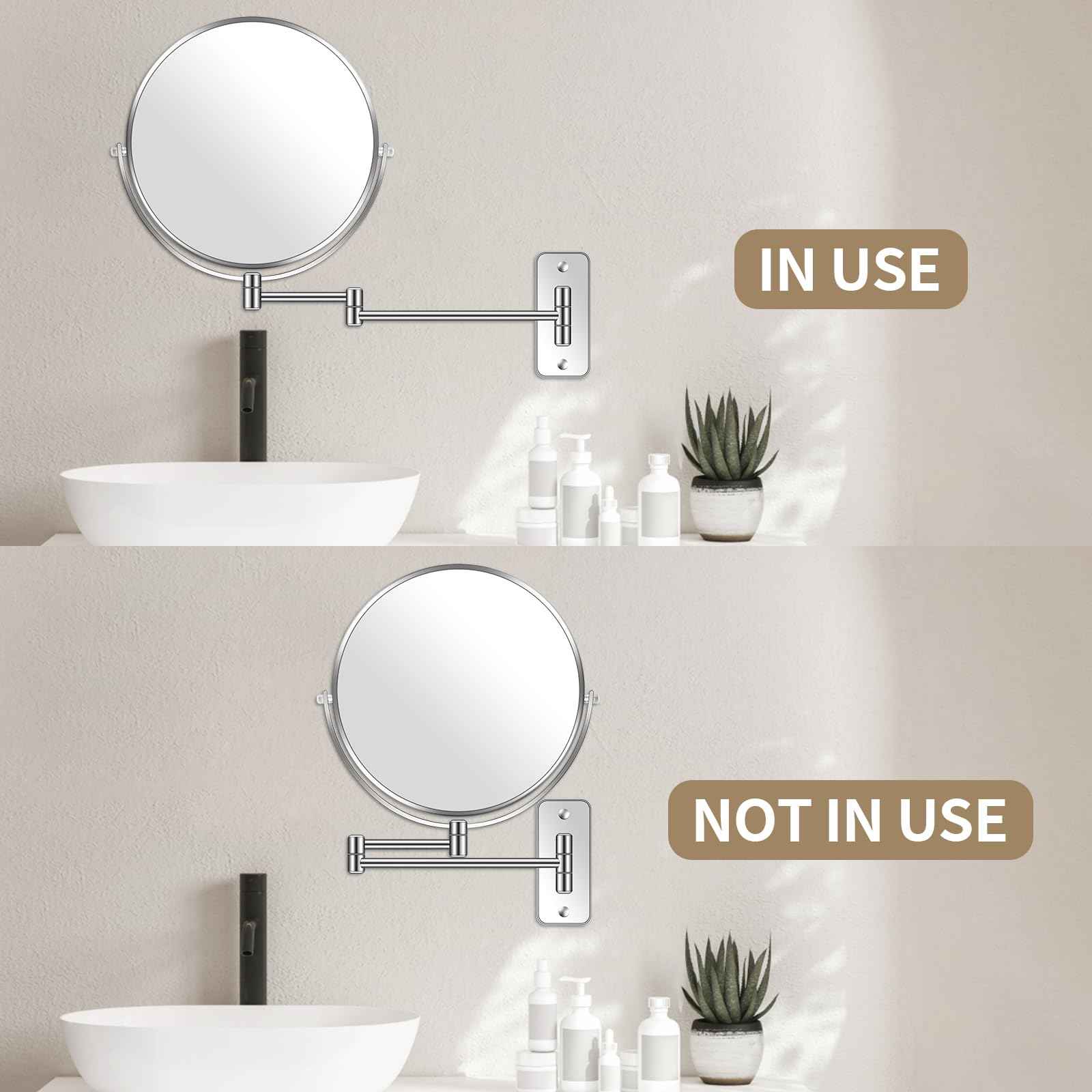 BTremary 9” Large Wall Mounted Makeup Mirror 1X/7X Double-Side Bathroom Magnifying Mirror 360 Swivel Vanity Mirror Extendable Shaving Wall Mount Cosmetic Mirror for Men and Women, Chrome