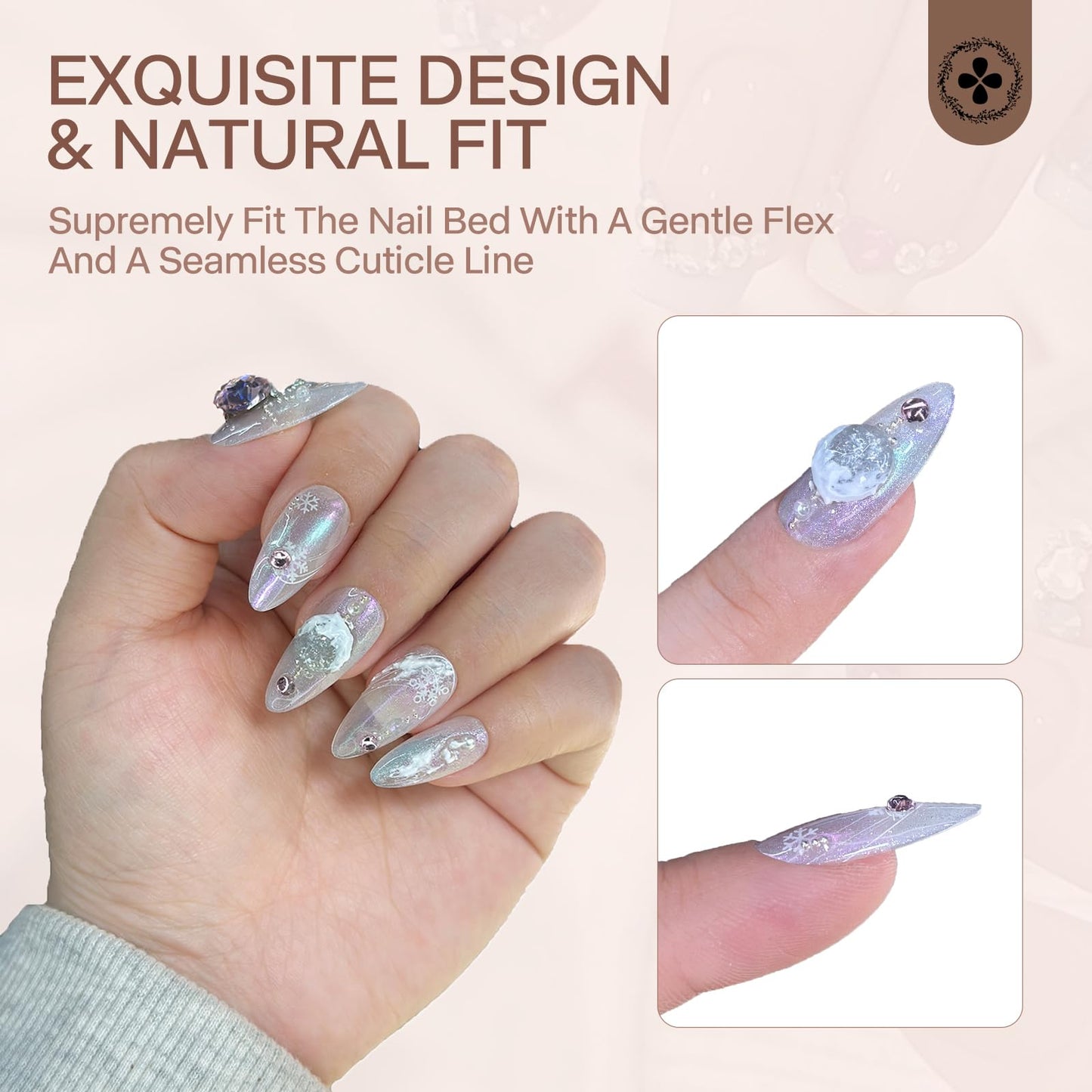 Ricefod Press on Nails Handmade Silver White Almond Fake Nails Press on False Nails Medium Length 10 Pcs Reusable Luxury Nails with Snowflakes and Diamonds Size:Small