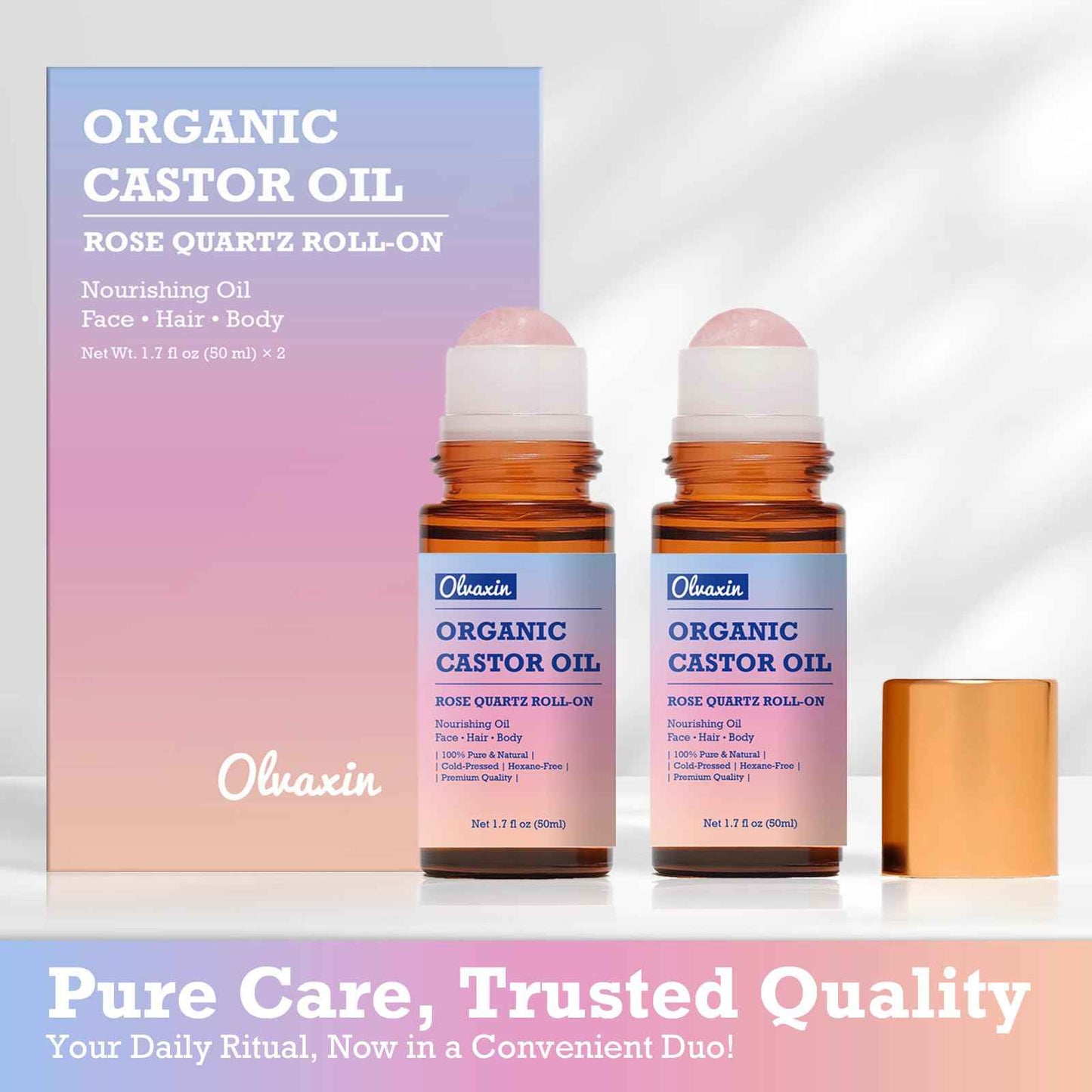 Olvaxin Organic Castor Oil Roll-On with Rose Quartz - 2 Pack x 1.7 fl oz(50mL) | Brown Glass Bottle, Cold Pressed, Hexane Free, Unrefined | Nourishing Oil for Face, Hair and Body