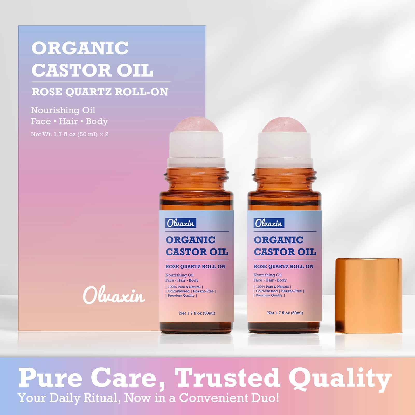 Olvaxin Organic Castor Oil Roll-On with Rose Quartz - 2 Pack x 1.7 fl oz(50mL) | Brown Glass Bottle, Cold Pressed, Hexane Free, Unrefined | Nourishing Oil for Face, Hair and Body