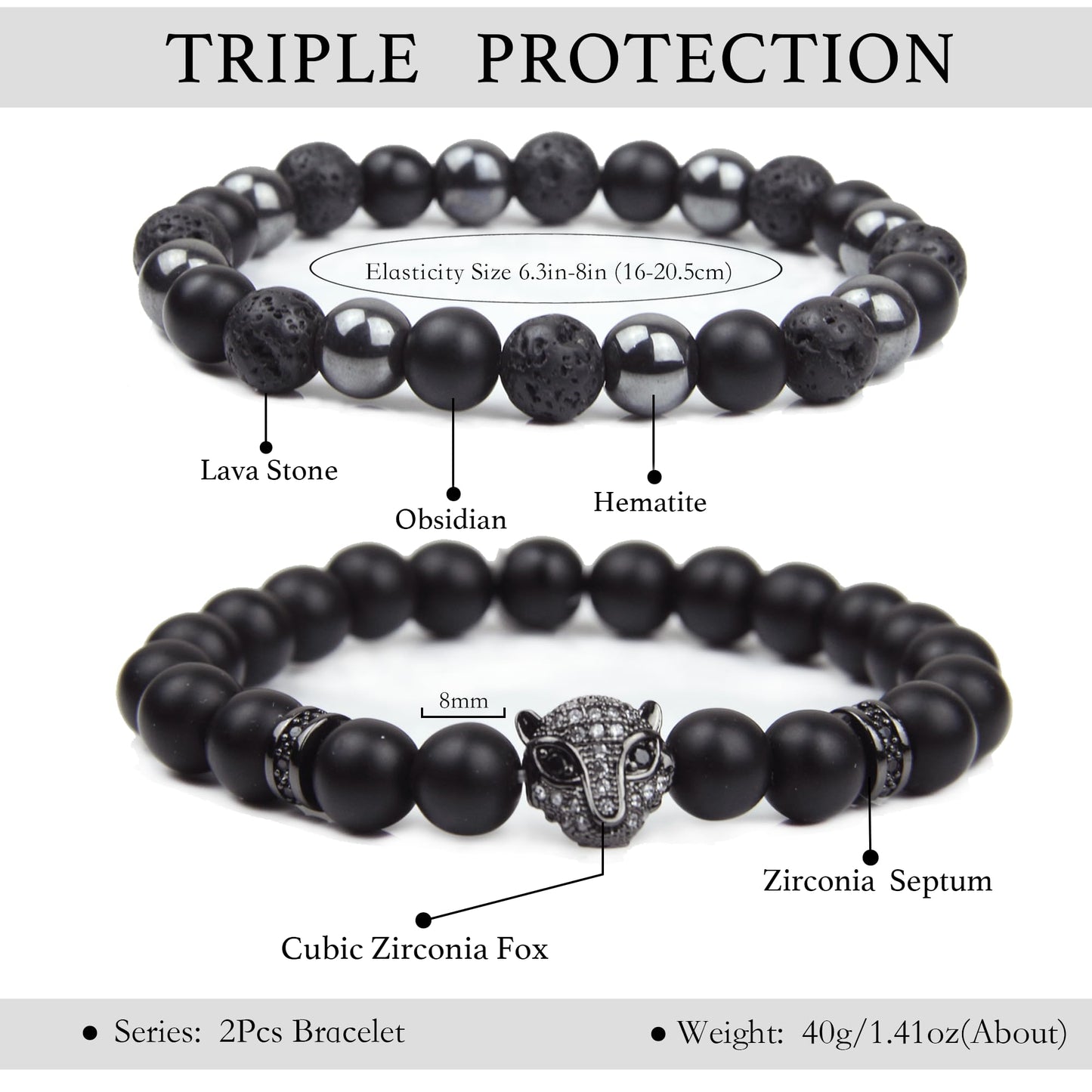 Black Obsidian Bracelet - Fox Bracelet - Tourmaline Beaded Bracelets, 8MM Black Onyx Hematite Lava Stone Beads Triple Protection Bracelet for Men Women Gifts