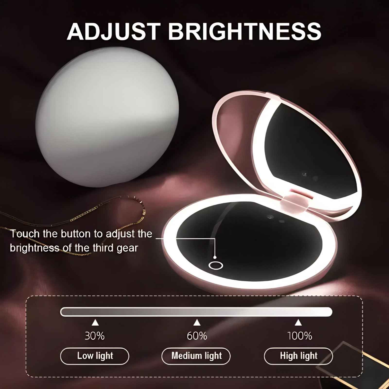 BONKZEBU Travel Mirror with Light,Intelligent Touch Control Brightness Adjustment Compact Mirror with Light,UV Camera Lens Testing Travel Mirror with Magnification,for Makeup Removal