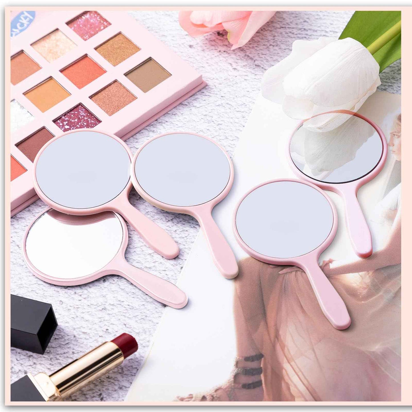 Vinsot 100 Pcs Handheld Mirror Bulk Small Hand Compact Mirrors with Handle Plastic Travel Makeup Portable 3.94 x 2.16 Inch for Birthday Dress up Wedding Practice Pronunciation (Pink)