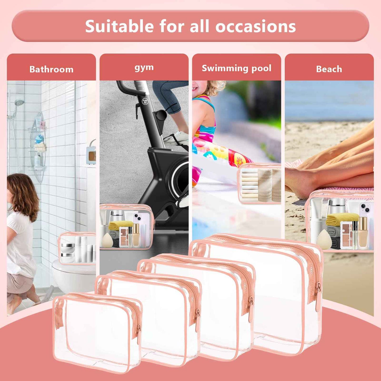 EVDIAGD Clear Cosmetic Bag, 4 Pcs Waterproof Clear Plastic Cosmetic Makeup Bags,Transparent Packing Organizer Storage Bags,Christmas Gift for Mother,Wife,Grilfriends(Pink).