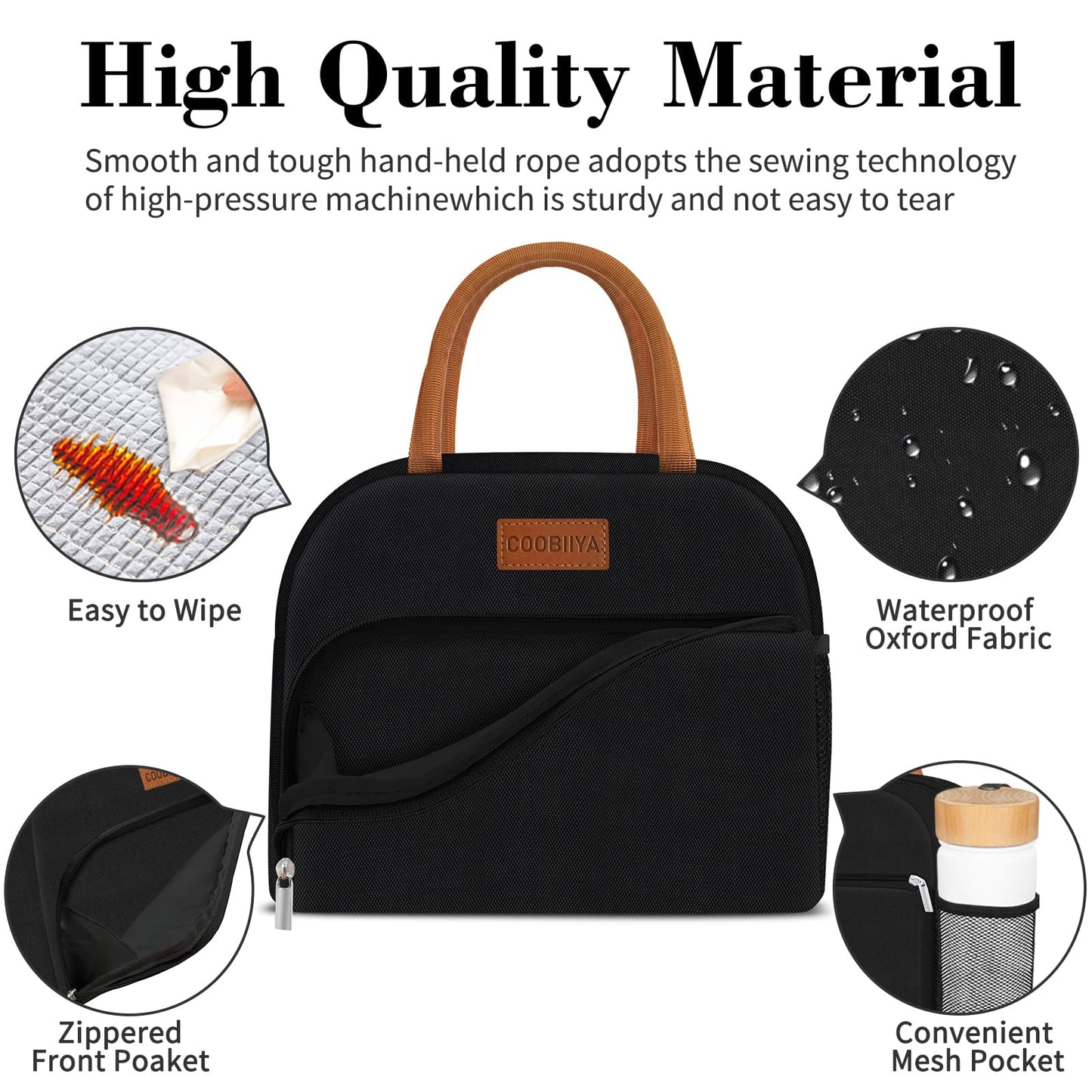 Coobiiya Lunch Bag Women, Lunch Box Lunch Bag for Women Adult Men, Small Leakproof Cute Lunch Tote Large Capacity Reusable Insulated Cooler Lunch Container for Work/Office/Picnic/Travel-Black